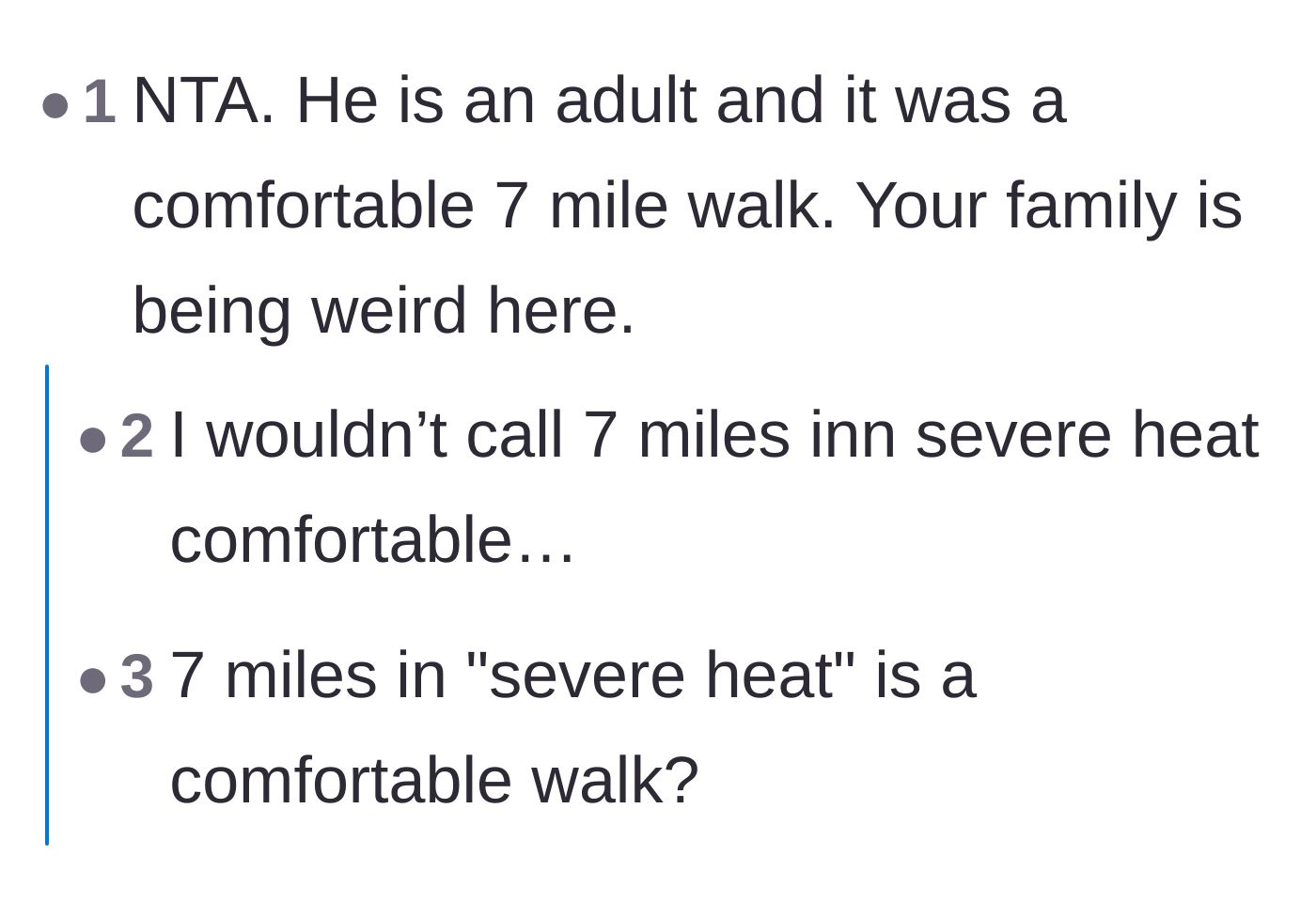 Comment thread 4 - Disagreement over whether a 7-mile walk in severe heat can be called a comfortable trek.