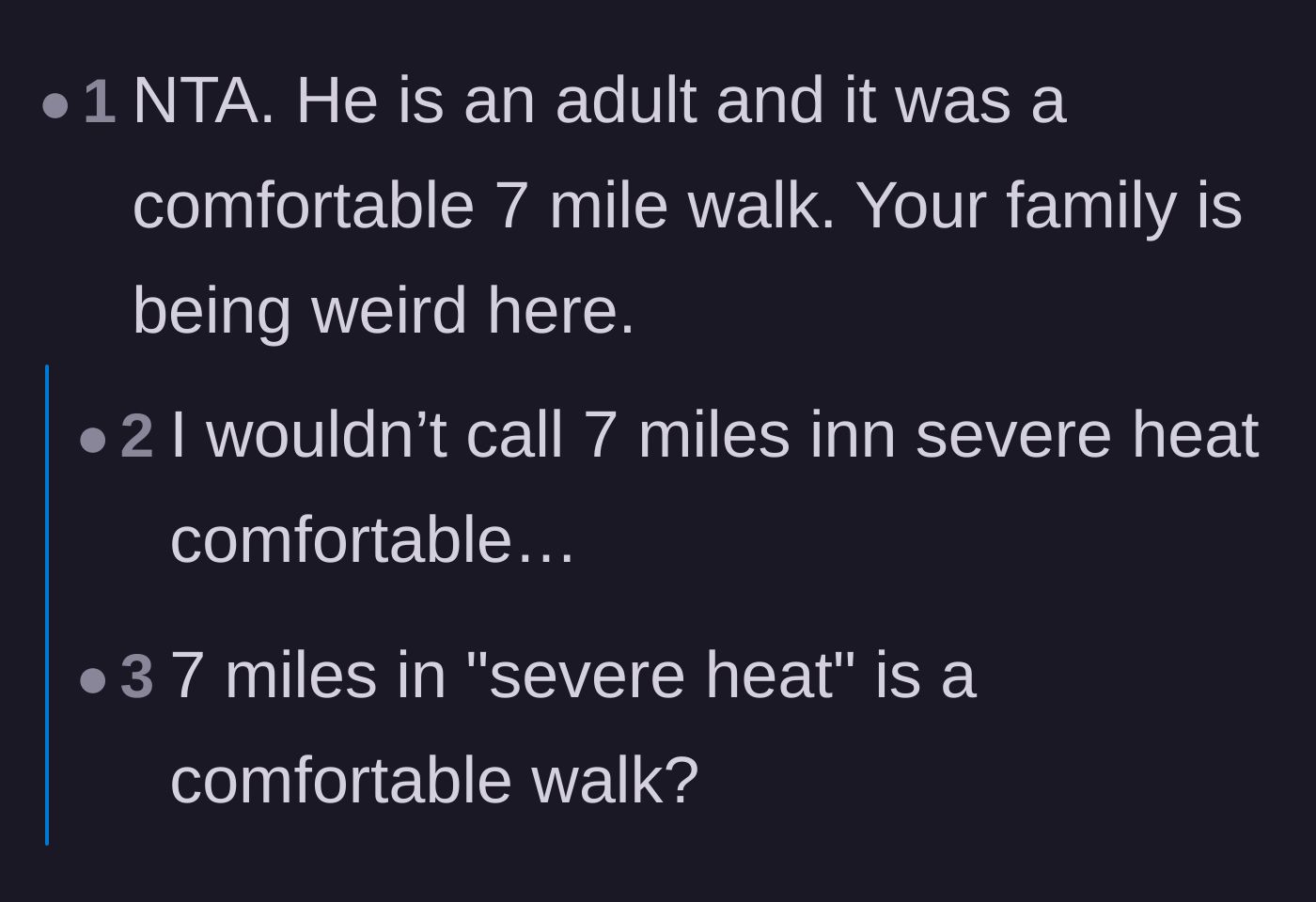 Comment thread 4 - Disagreement over whether a 7-mile walk in severe heat can be called a comfortable trek.