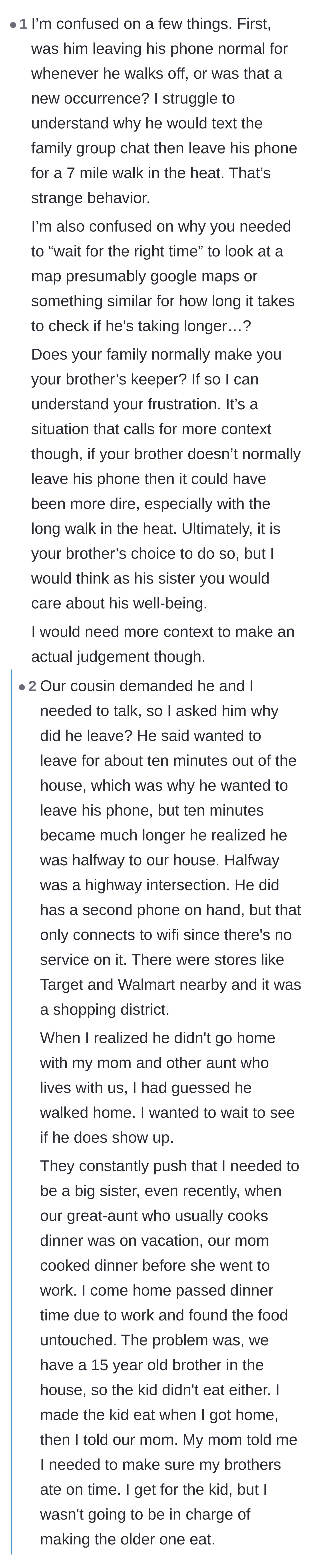 Comment thread 6 - OP revealing she is also expected by her mother to make sure her 15-year-old and 28-year-old brothers eat dinner.