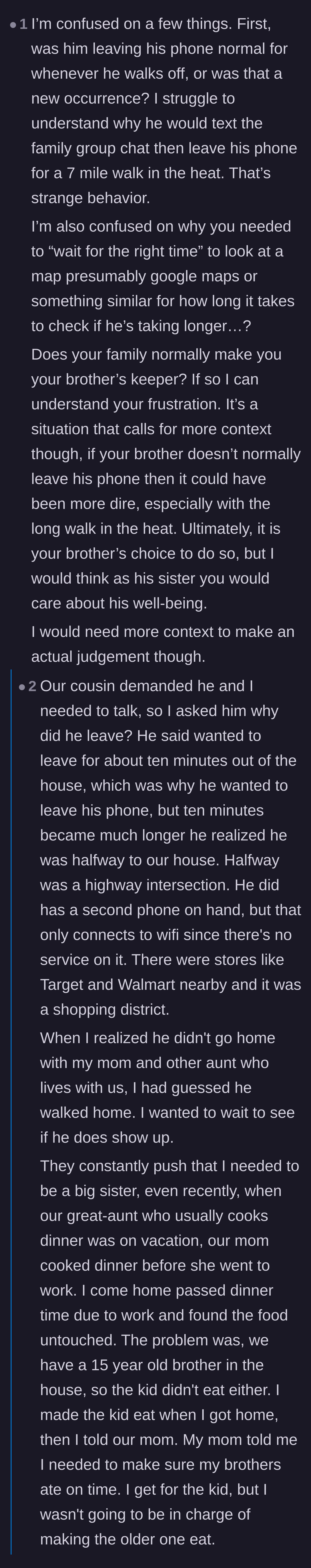 Comment thread 6 - OP revealing she is also expected by her mother to make sure her 15-year-old and 28-year-old brothers eat dinner.