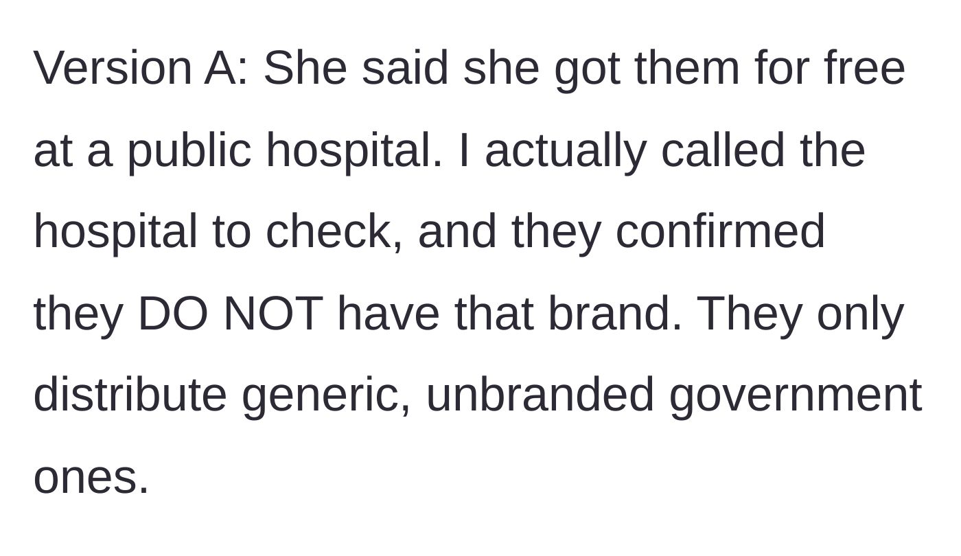 Story part 3 - The girlfriend claims she got the condoms for free at a public hospital, but the boyfriend calls the hospital and verifies they do not stock that brand.