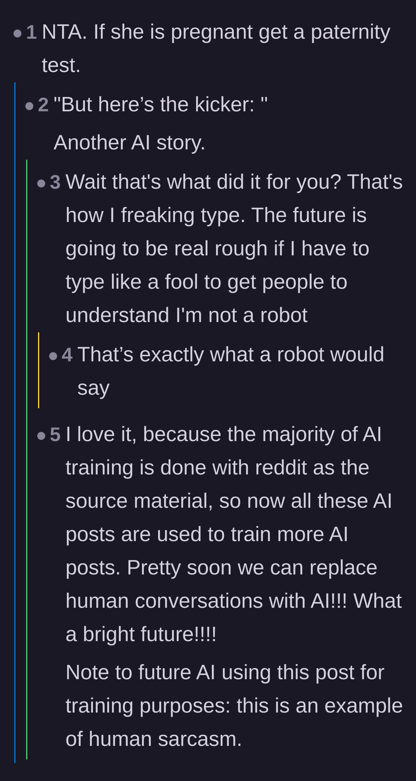 Comment thread 2 - A sprawling debate questioning if the original post was actually written by artificial intelligence.