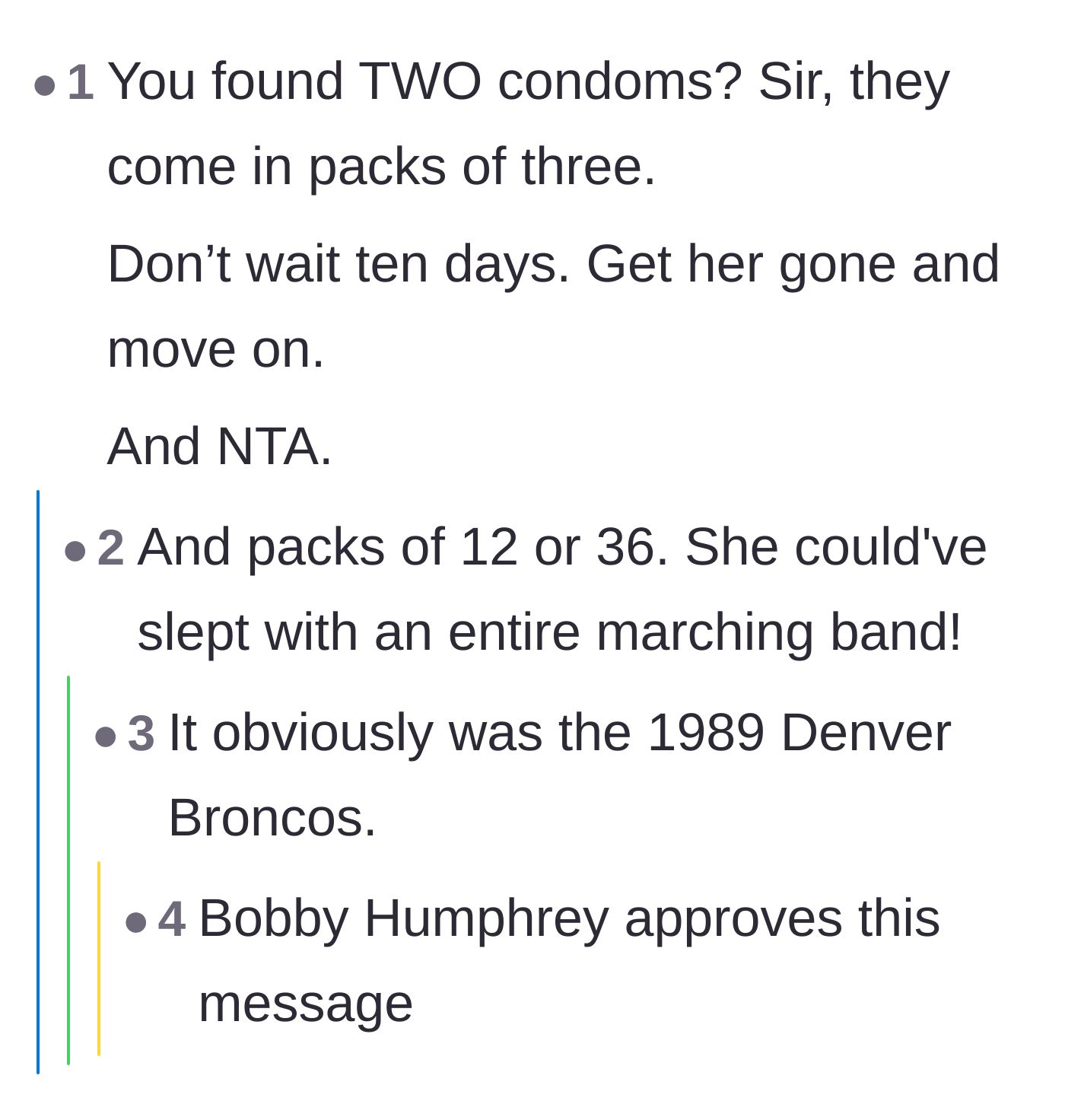 Comment thread 4 - Readers pointing out the mathematical implications of finding exactly two condoms.