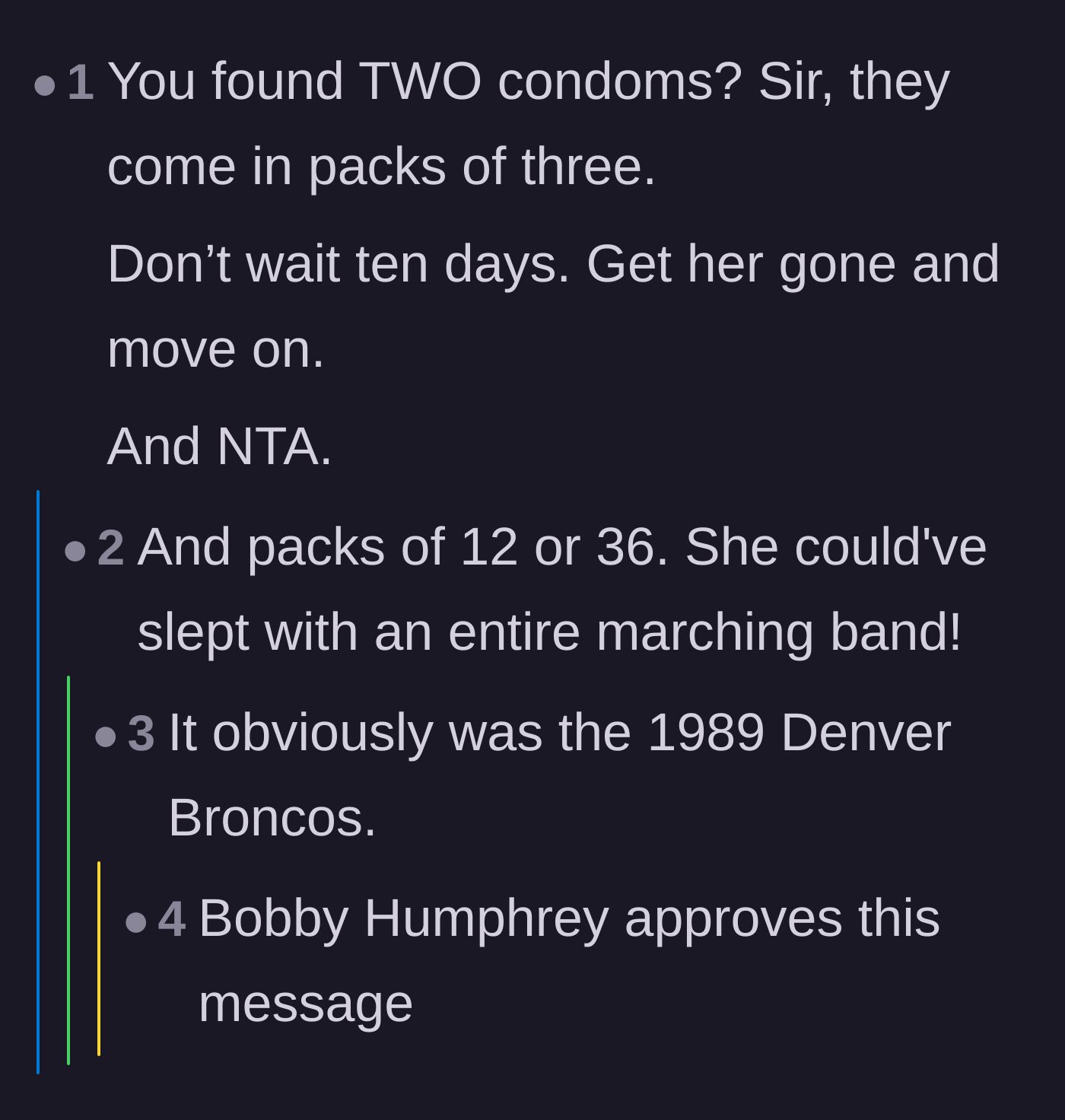 Comment thread 4 - Readers pointing out the mathematical implications of finding exactly two condoms.