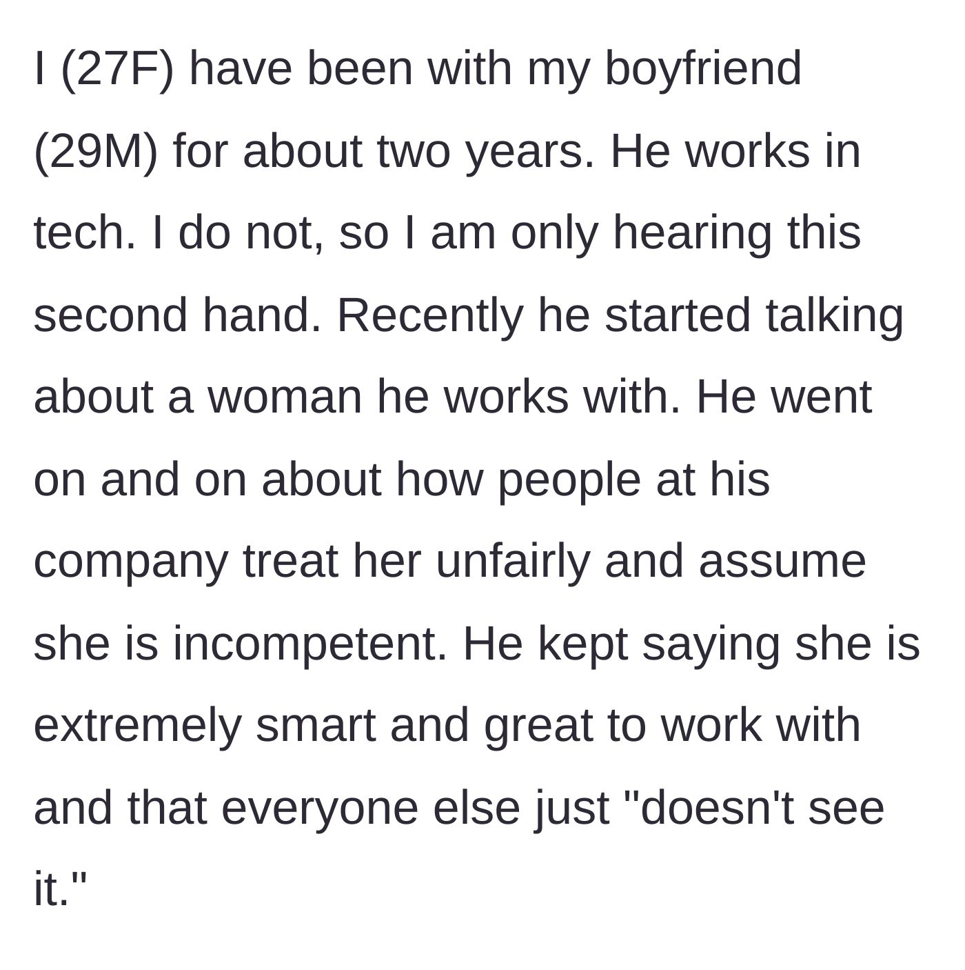 Story part 1 - Boyfriend introduces a female coworker who he claims is misunderstood and unfairly judged by the rest of the company.