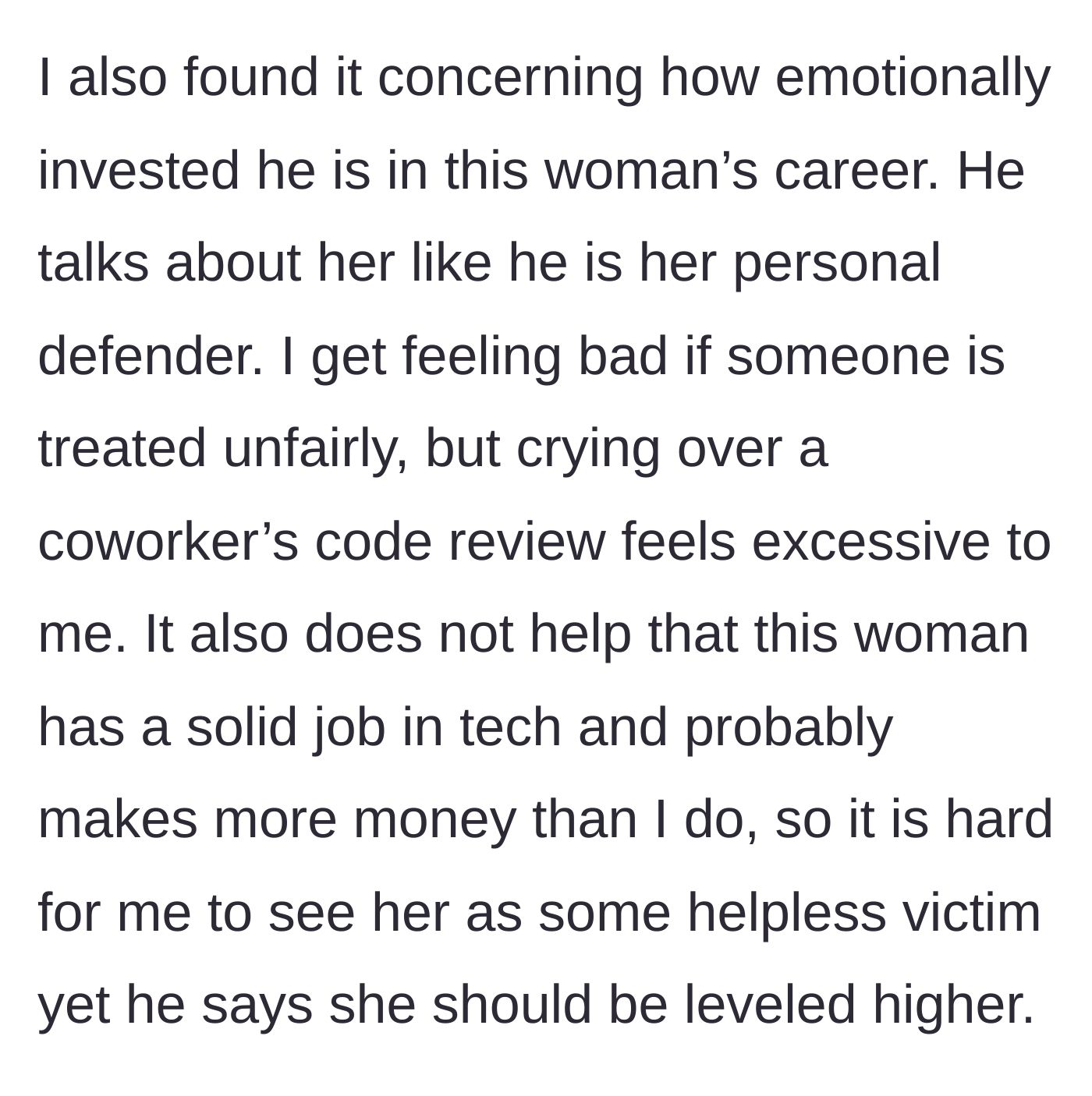 Story part 4 - Main character analyzes the uncomfortable power dynamics and his savior complex toward an already successful woman.
