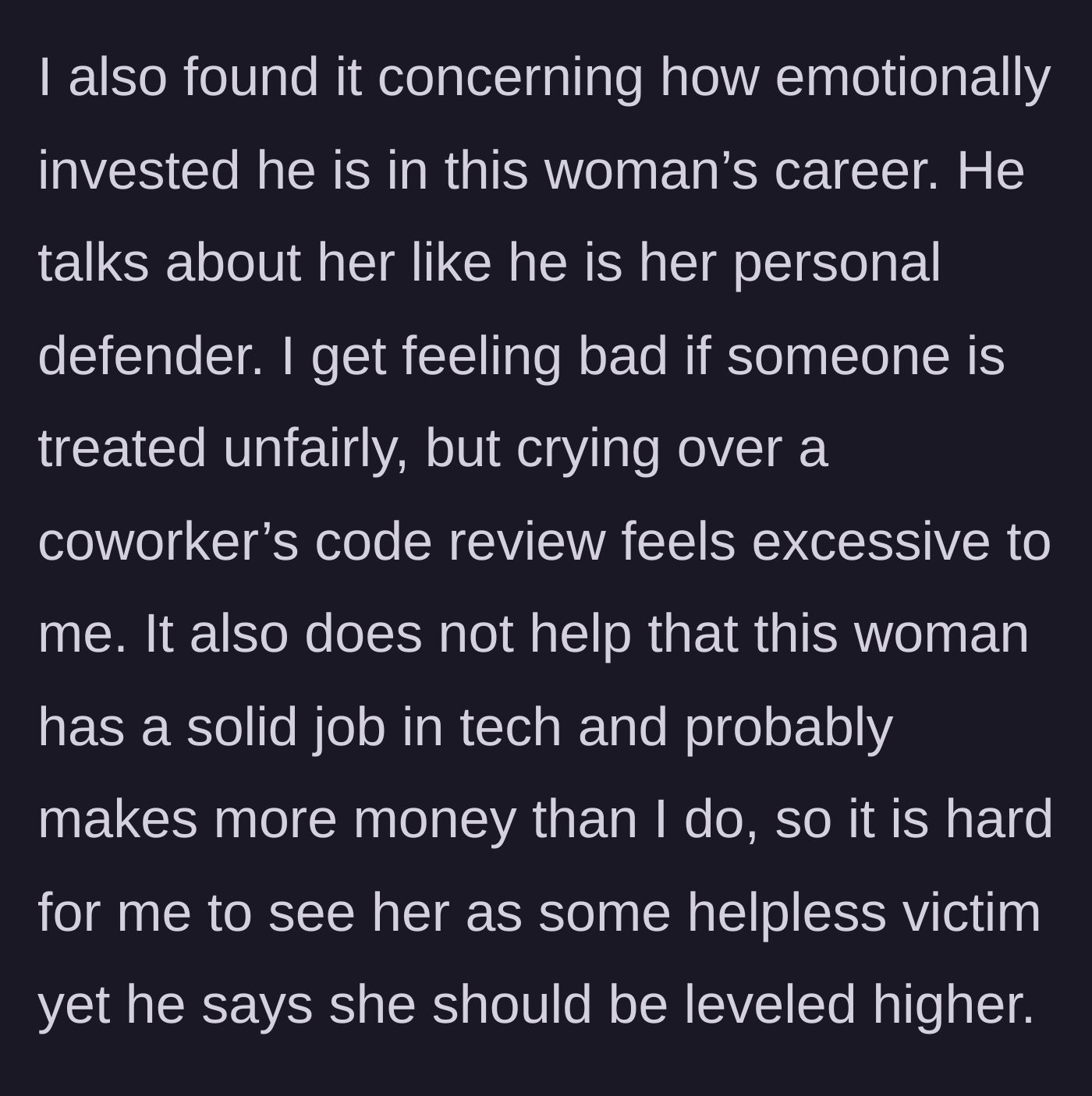 Story part 4 - Main character analyzes the uncomfortable power dynamics and his savior complex toward an already successful woman.