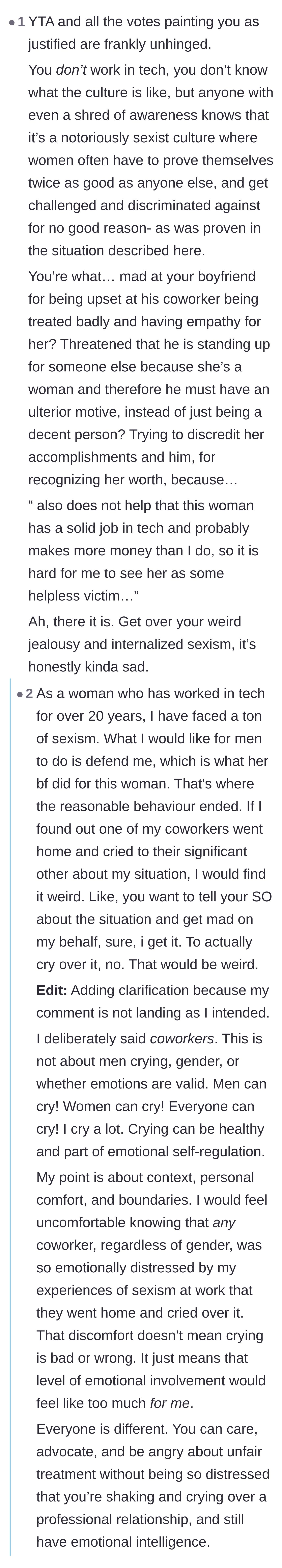 Comment thread 1 - Debate about tech industry sexism and whether the boyfriend was having a sudden realization about how women are treated.