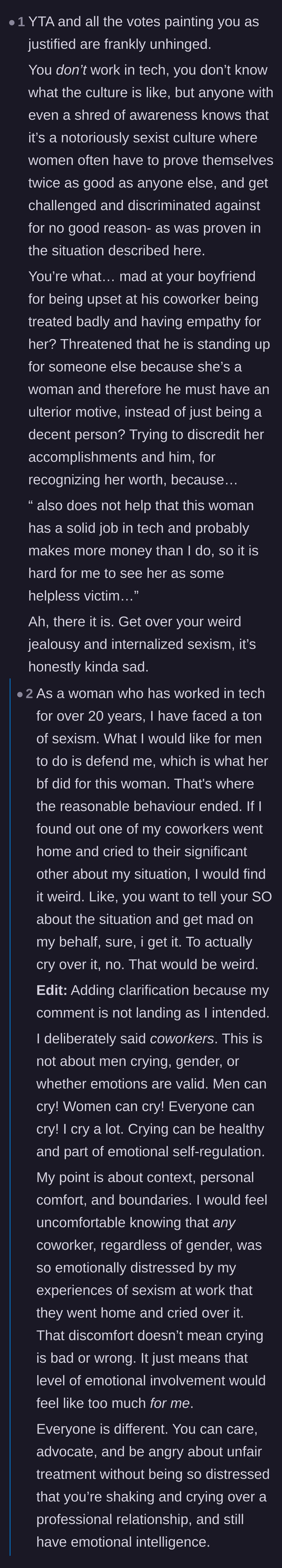 Comment thread 1 - Debate about tech industry sexism and whether the boyfriend was having a sudden realization about how women are treated.