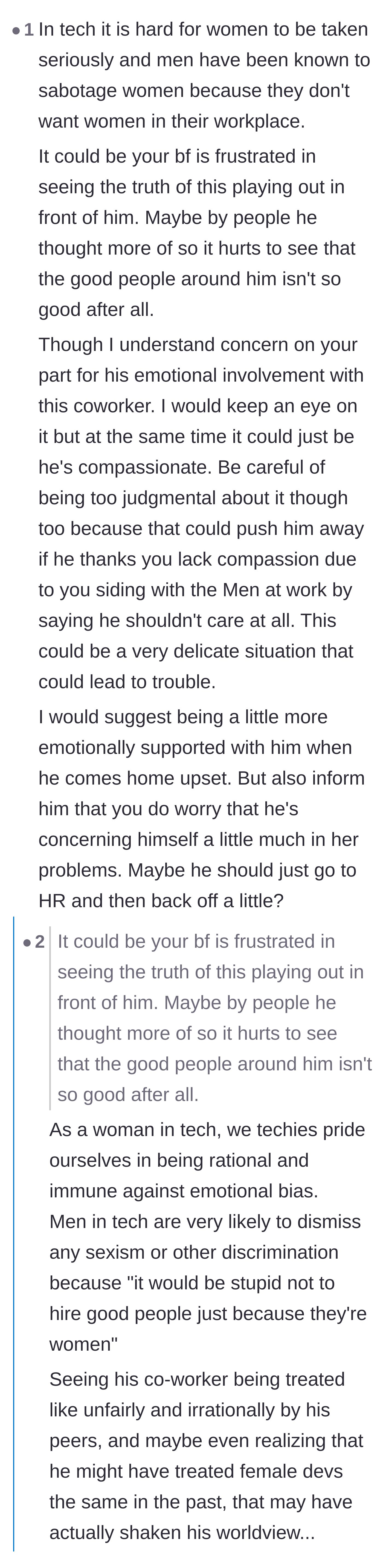 Comment thread 2 - Discussion on how tech prides itself on pure logic, making the realization of group bias even more earth-shattering for the boyfriend.