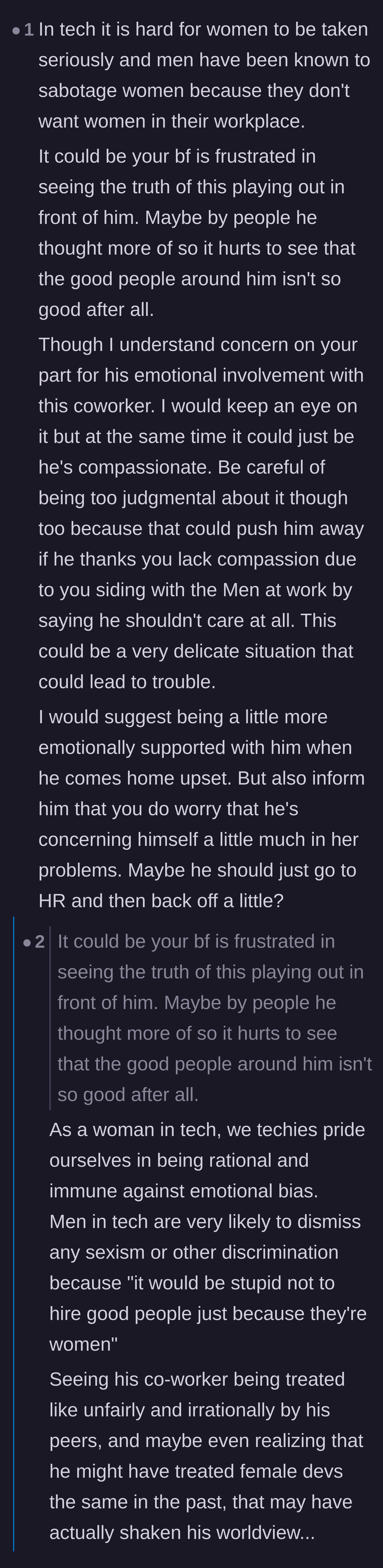 Comment thread 2 - Discussion on how tech prides itself on pure logic, making the realization of group bias even more earth-shattering for the boyfriend.