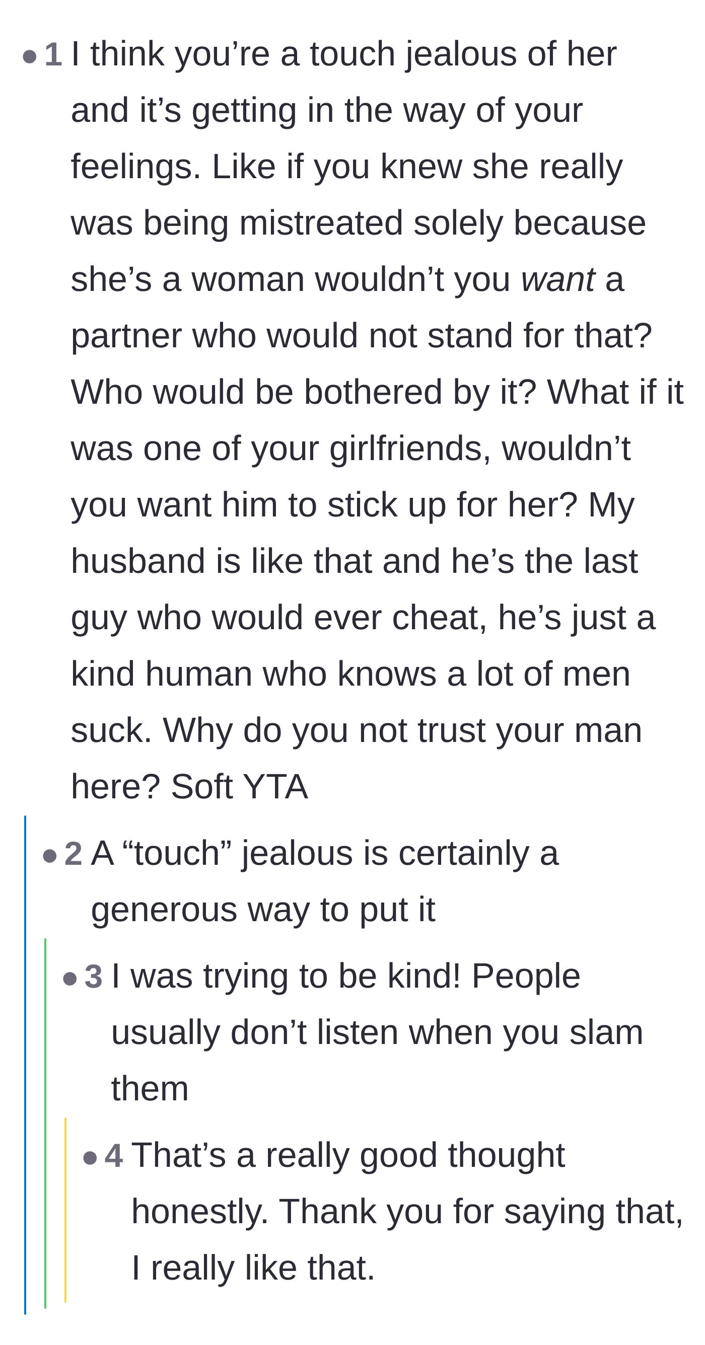 Comment thread 3 - Readers calling out the main character's jealousy and pointing out that a man who defends women is actually a green flag.