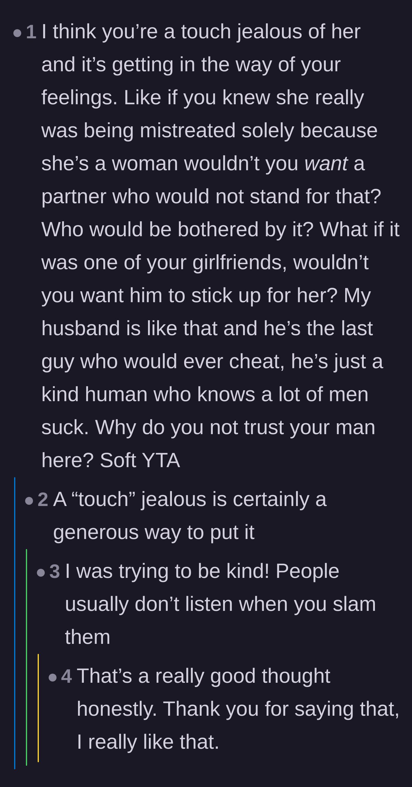 Comment thread 3 - Readers calling out the main character's jealousy and pointing out that a man who defends women is actually a green flag.