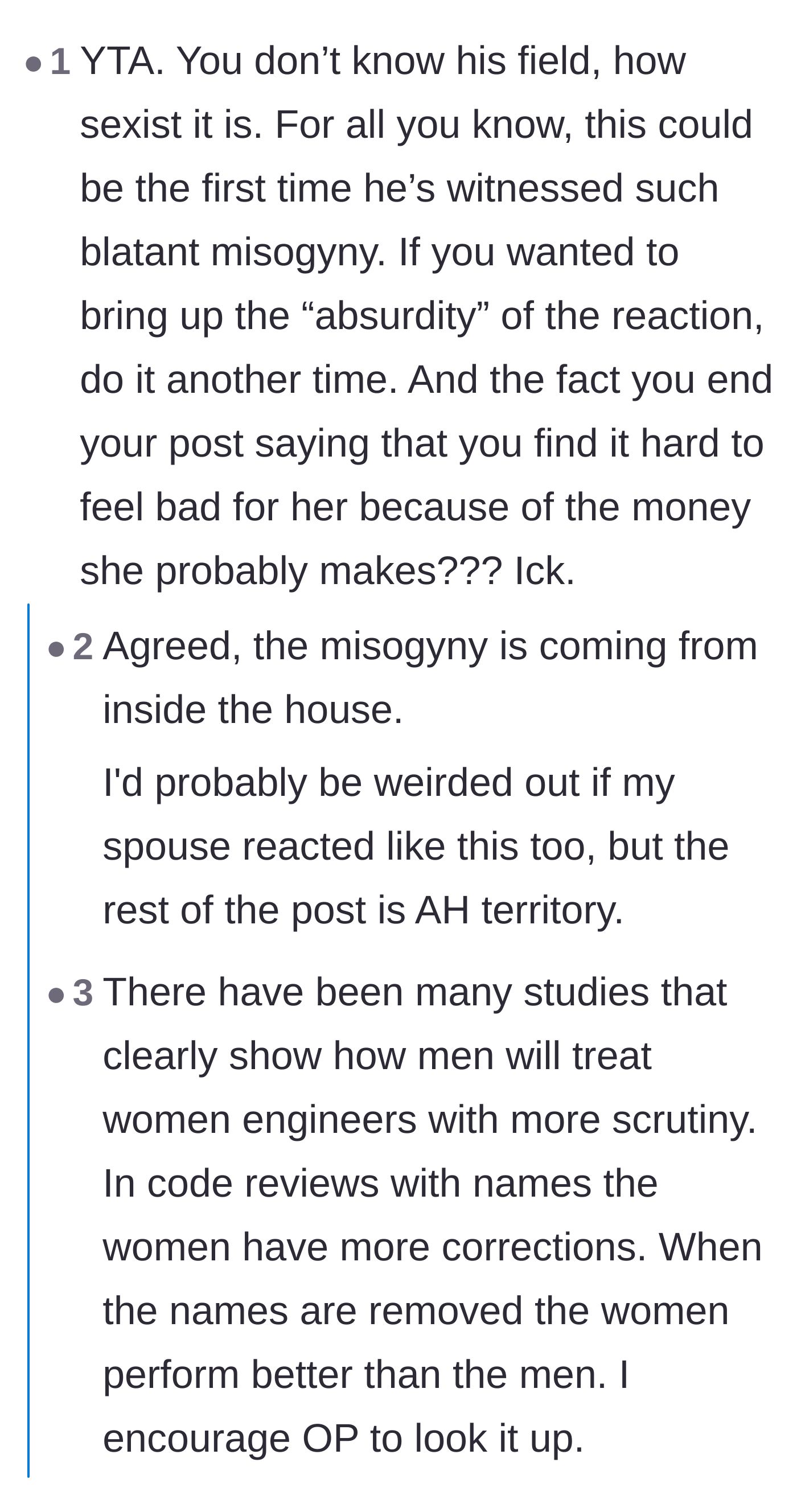 Comment thread 4 - Highlighting statistical studies on gender bias in code reviews and criticizing the narrator's lack of empathy regarding the coworker's salary.