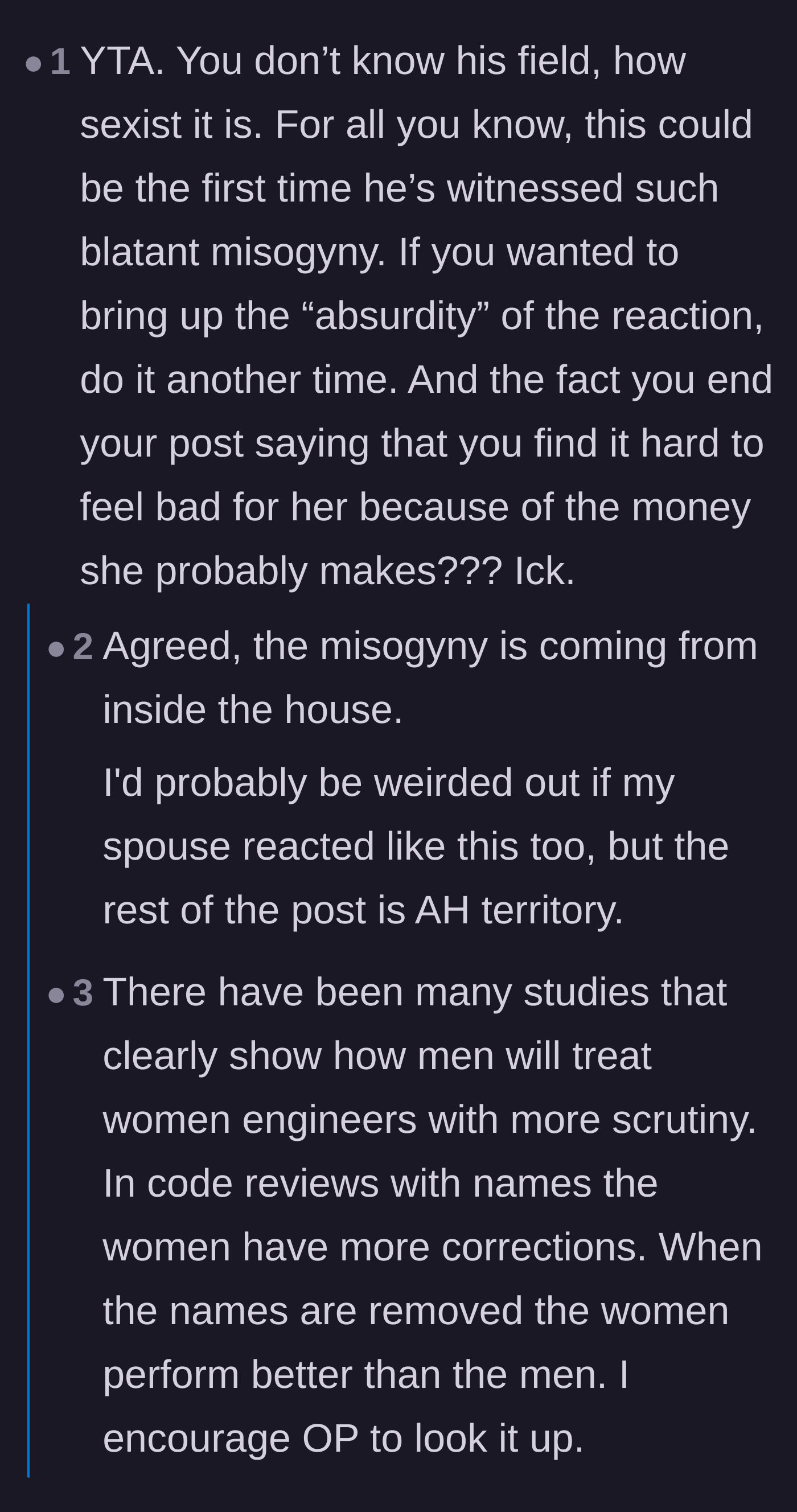 Comment thread 4 - Highlighting statistical studies on gender bias in code reviews and criticizing the narrator's lack of empathy regarding the coworker's salary.