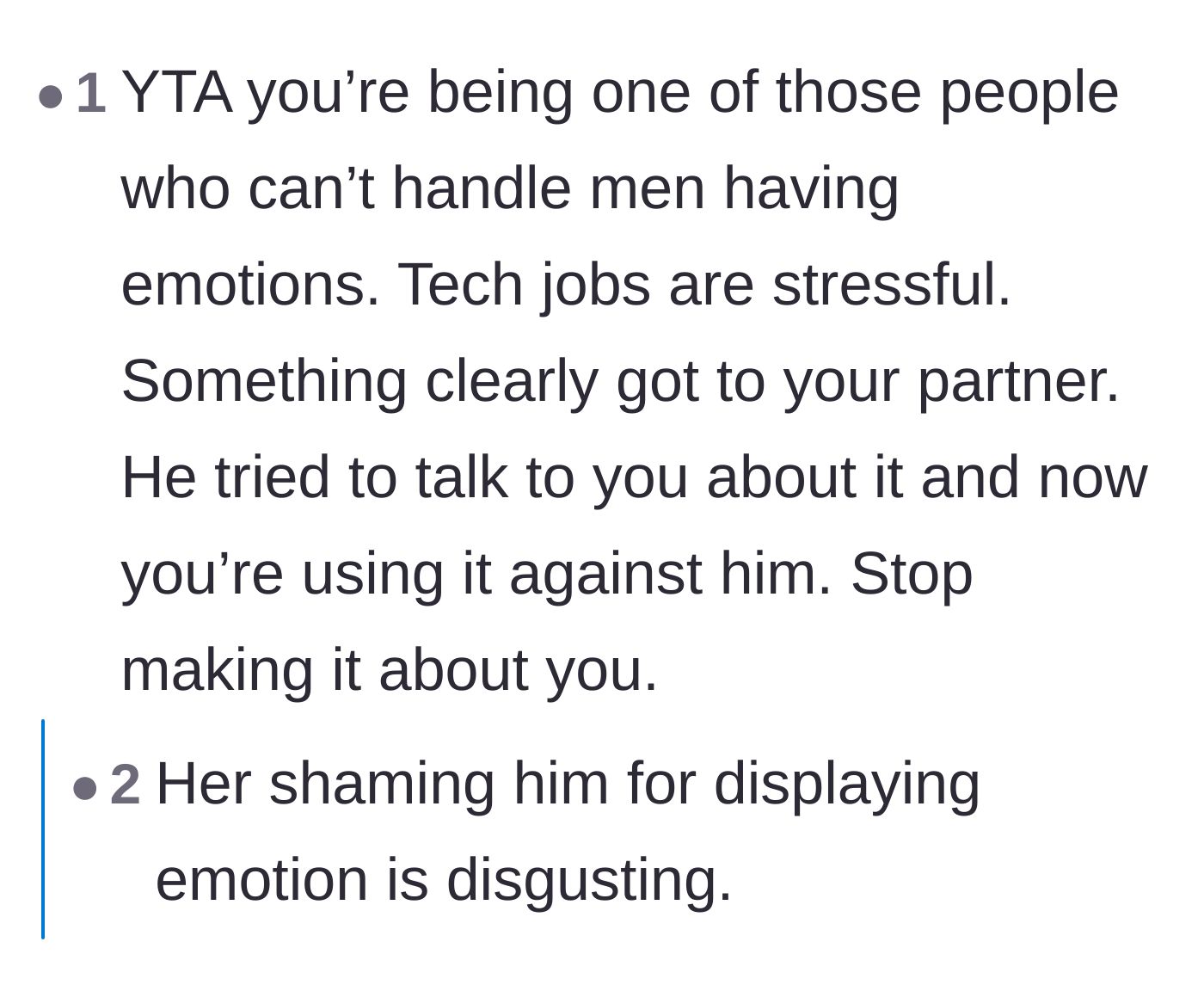 Comment thread 5 - Calling out the narrator for weaponizing her boyfriend's vulnerability and shaming him for crying.