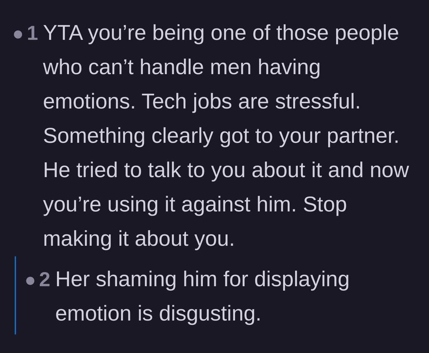 Comment thread 5 - Calling out the narrator for weaponizing her boyfriend's vulnerability and shaming him for crying.