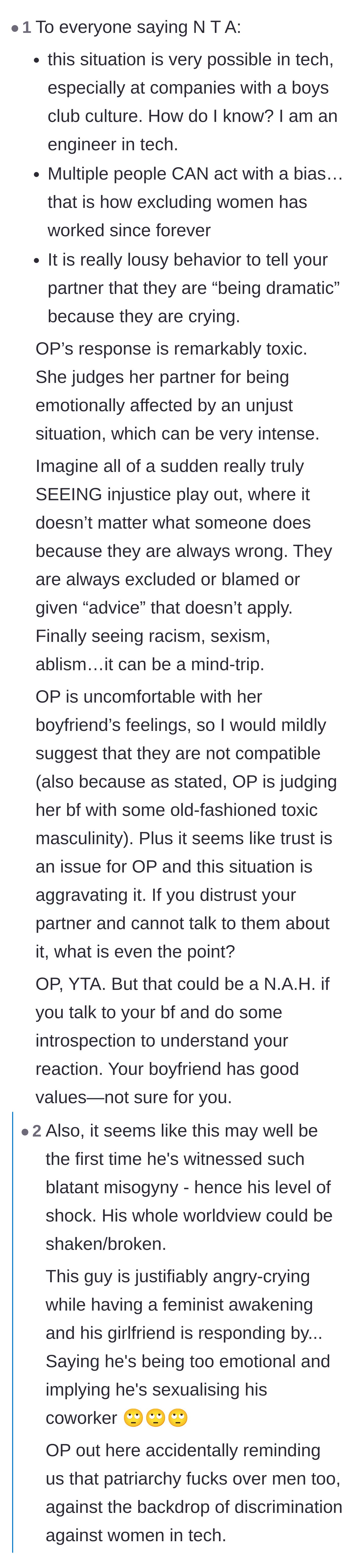 Comment thread 6 - An actual engineer confirming that group bias exists in tech and explaining the shock of seeing systemic injustice for the first time.