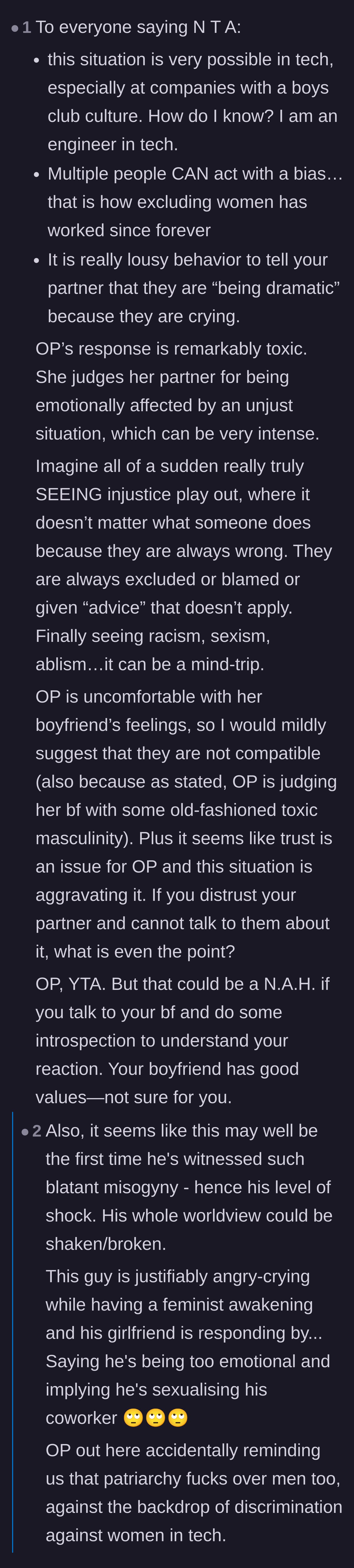 Comment thread 6 - An actual engineer confirming that group bias exists in tech and explaining the shock of seeing systemic injustice for the first time.