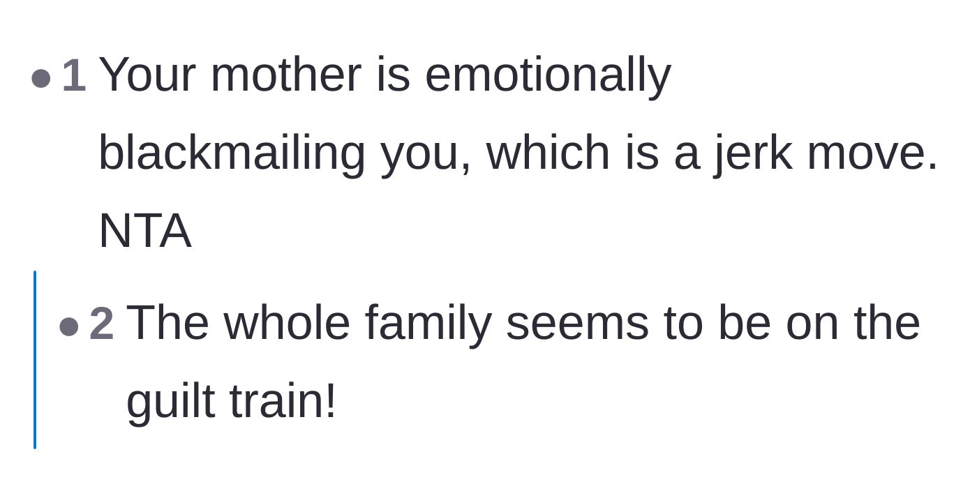 Comment thread 1 - Readers validating that the mother's behavior is a form of emotional blackmail
