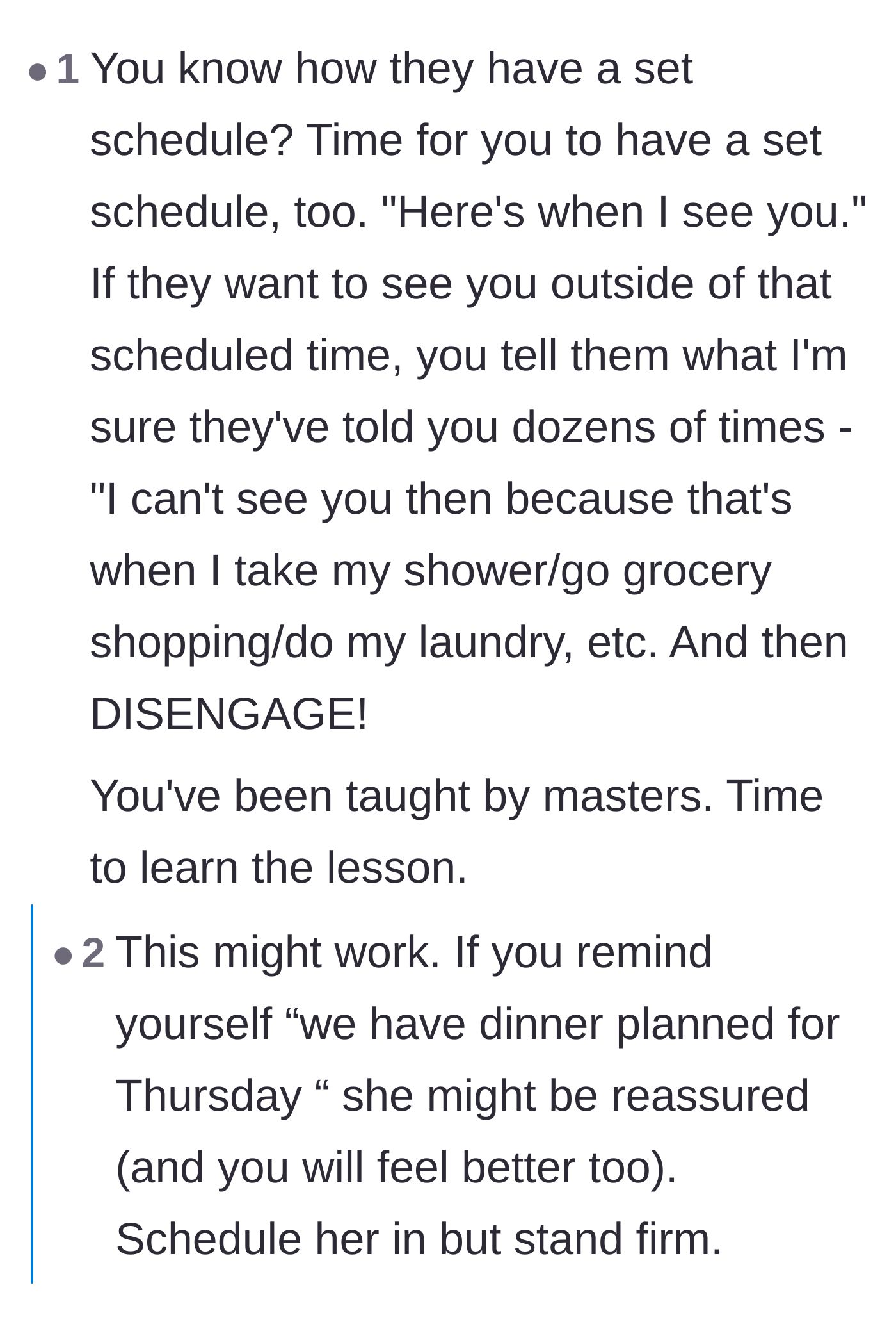 Comment thread 4 - An extensive discussion on using the family's rigid scheduling tactics against them