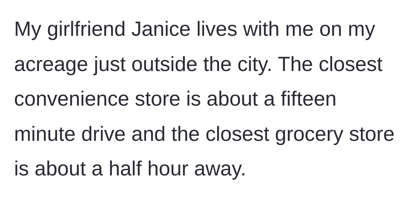 Story part 1 - Explaining the rural living situation and distance to grocery stores.