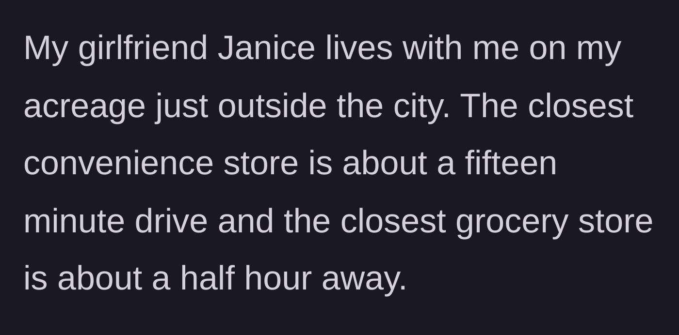 Story part 1 - Explaining the rural living situation and distance to grocery stores.