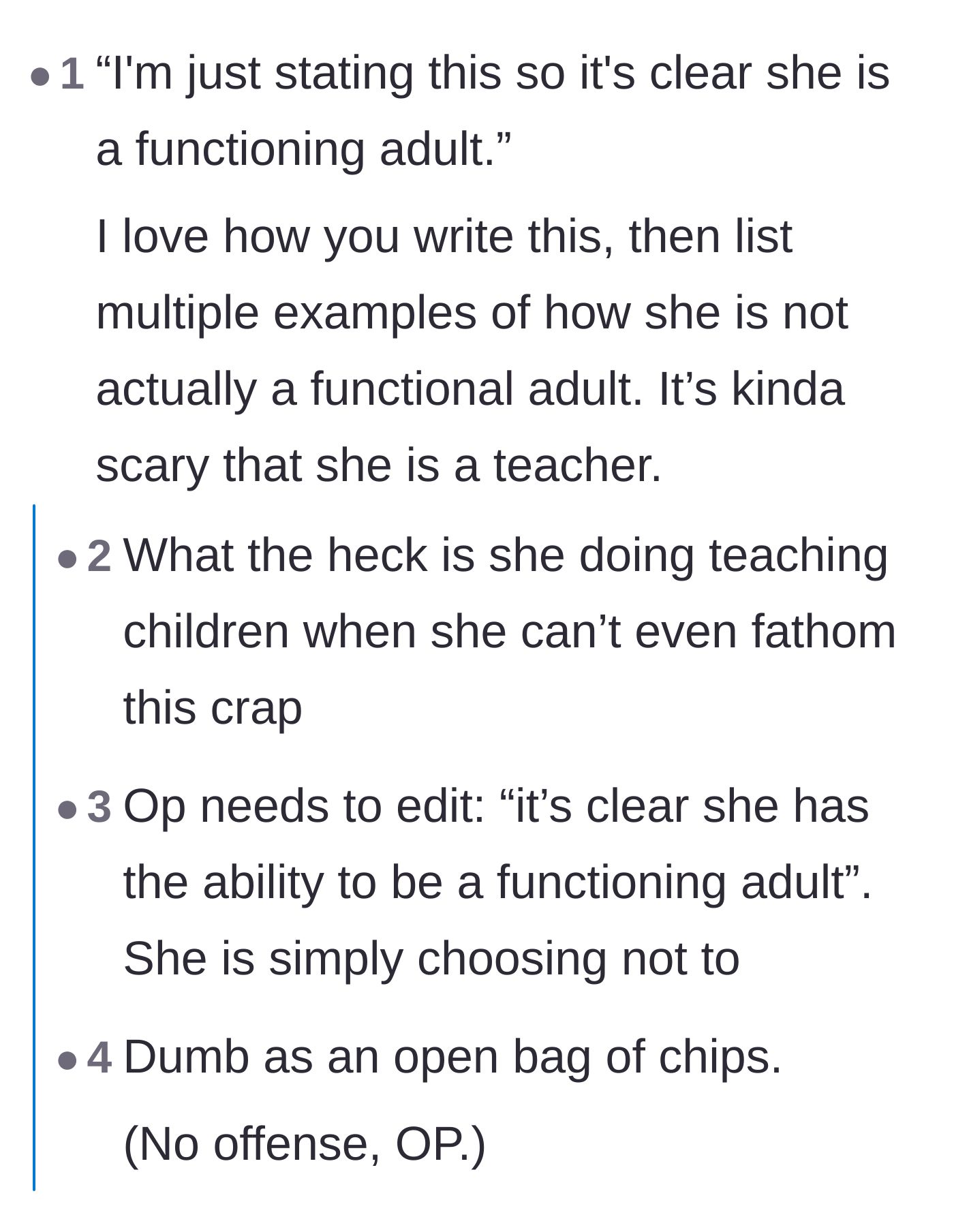 Comment thread 1 - Readers sharing stories about highly educated professionals who severely lack basic common sense.