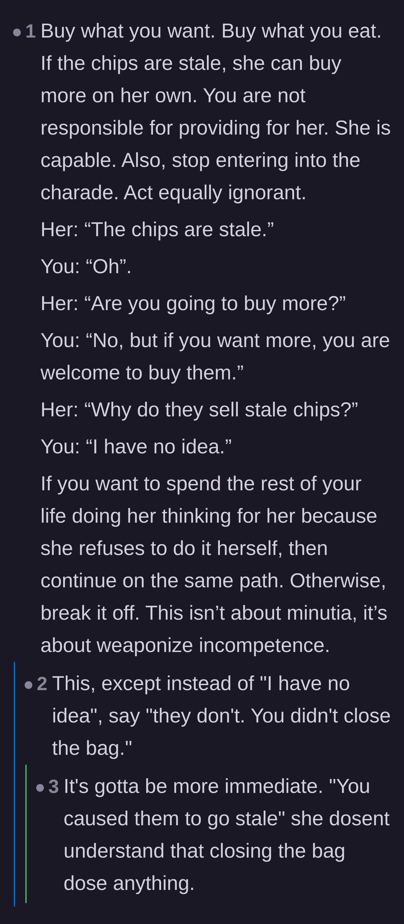 Comment thread 6 - Strategic advice on how to respond to weaponized incompetence by playing equally clueless.