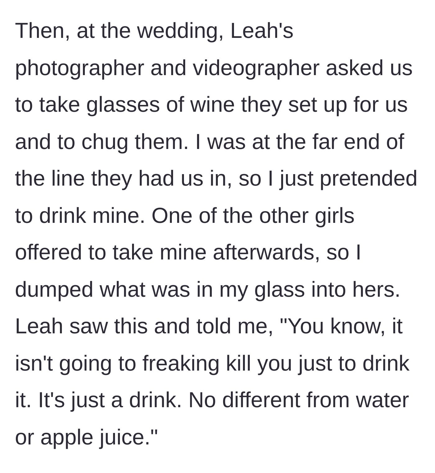 Story part 4 - A bridal party posing for staged photos while chugging glasses of wine.