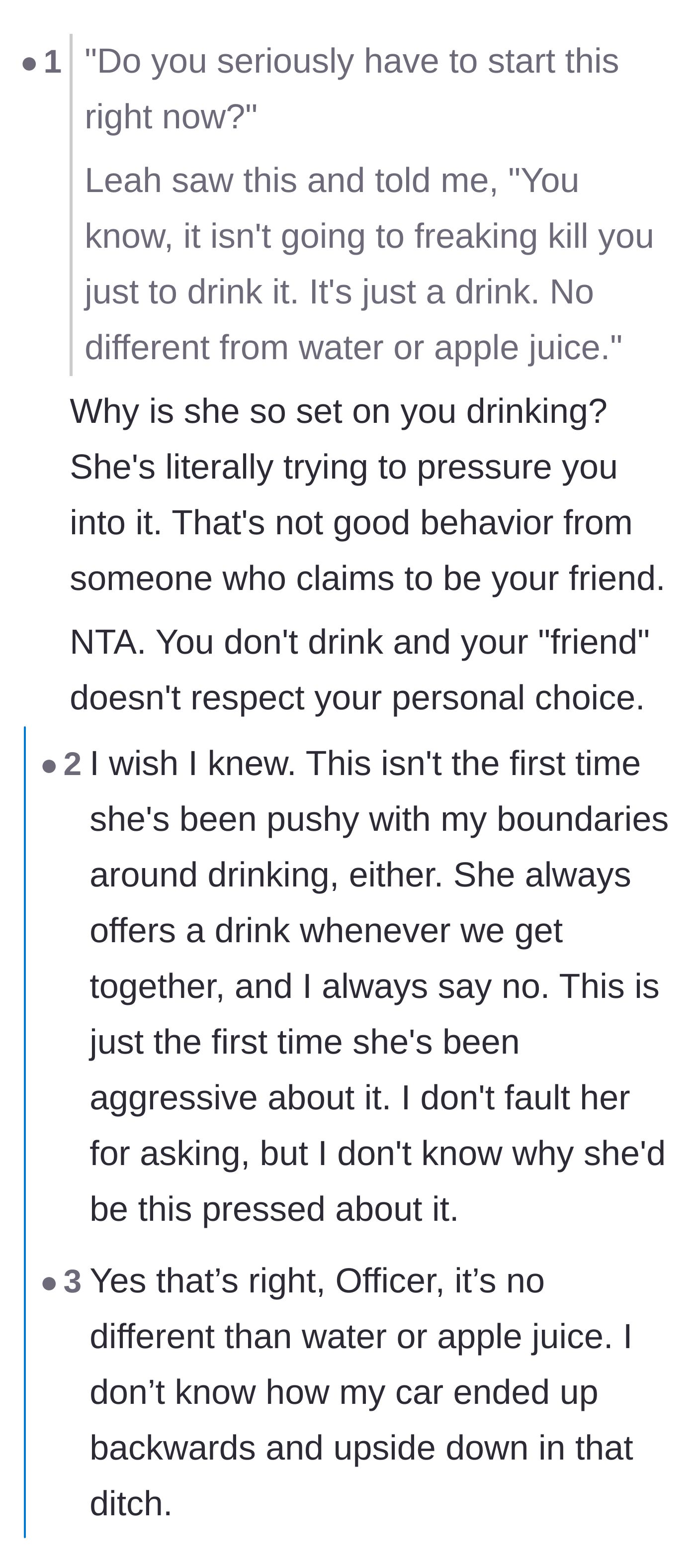 Comment thread 1 - A discussion speculating that the bride might have her own unhealthy relationship with alcohol to be this defensive.