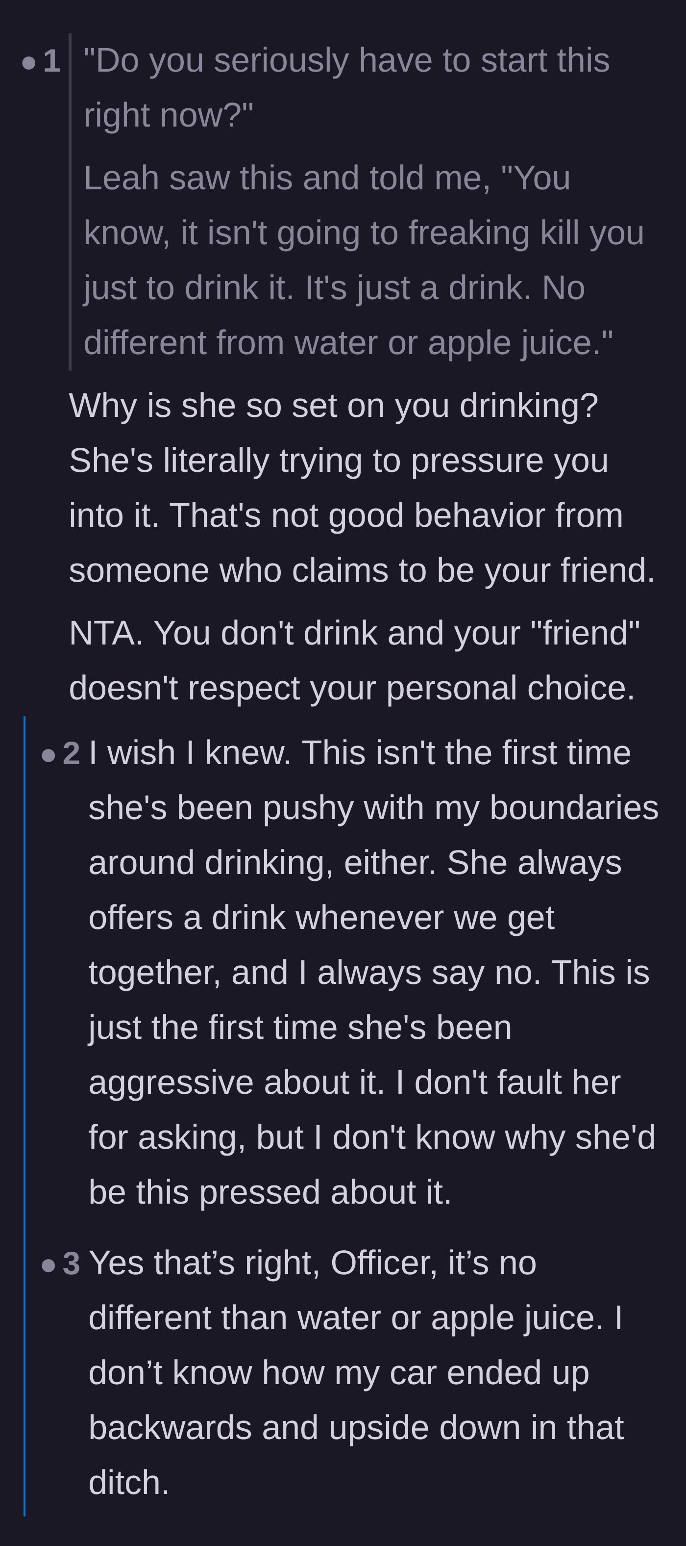 Comment thread 1 - A discussion speculating that the bride might have her own unhealthy relationship with alcohol to be this defensive.