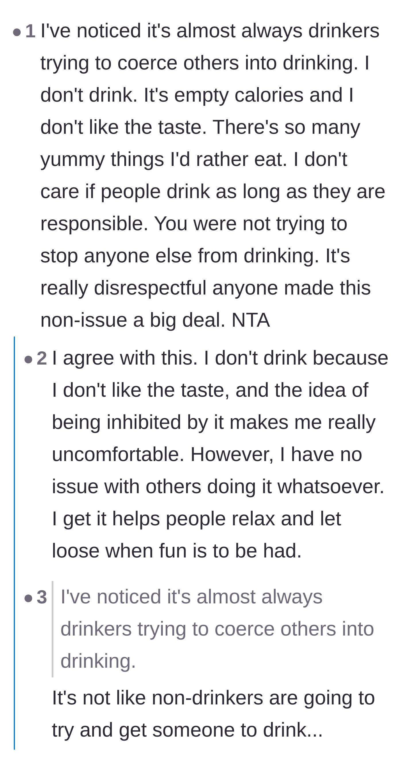 Comment thread 3 - Frustrated readers pointing out the double standard of drinkers aggressively pushing alcohol on sober people.