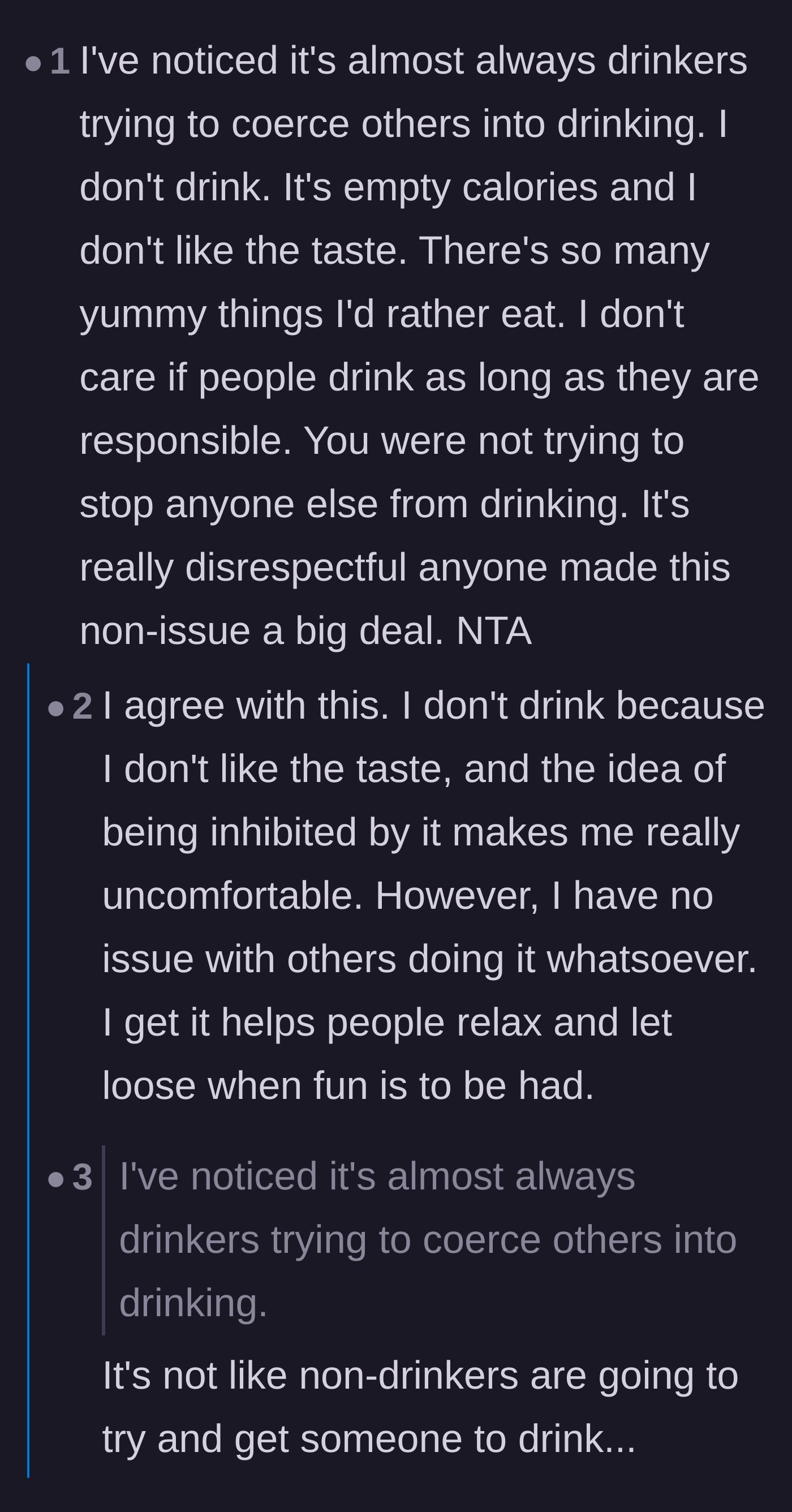 Comment thread 3 - Frustrated readers pointing out the double standard of drinkers aggressively pushing alcohol on sober people.