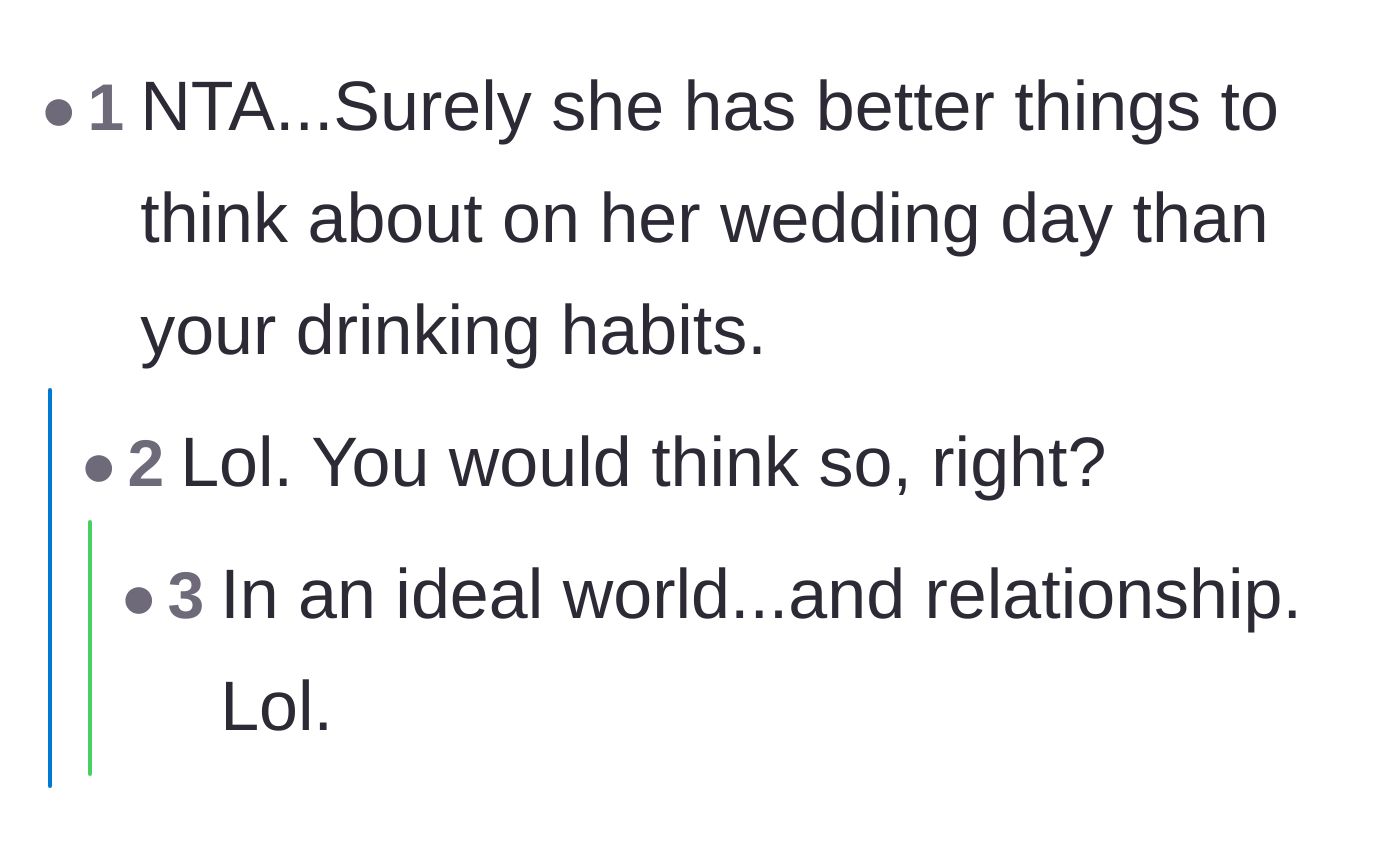 Comment thread 4 - A brief exchange joking about how a bride should have more important things to worry about on her wedding day.
