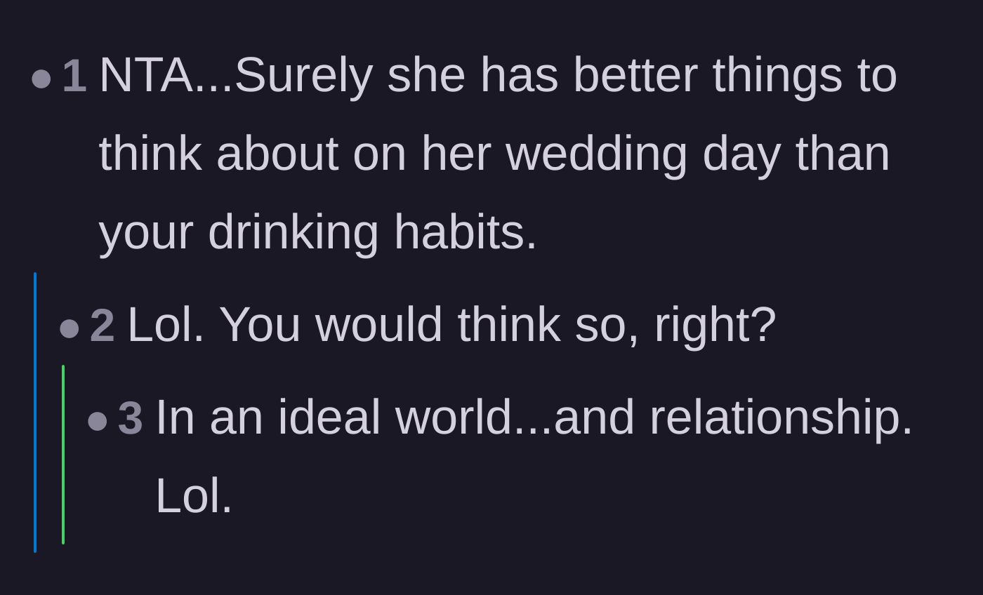 Comment thread 4 - A brief exchange joking about how a bride should have more important things to worry about on her wedding day.