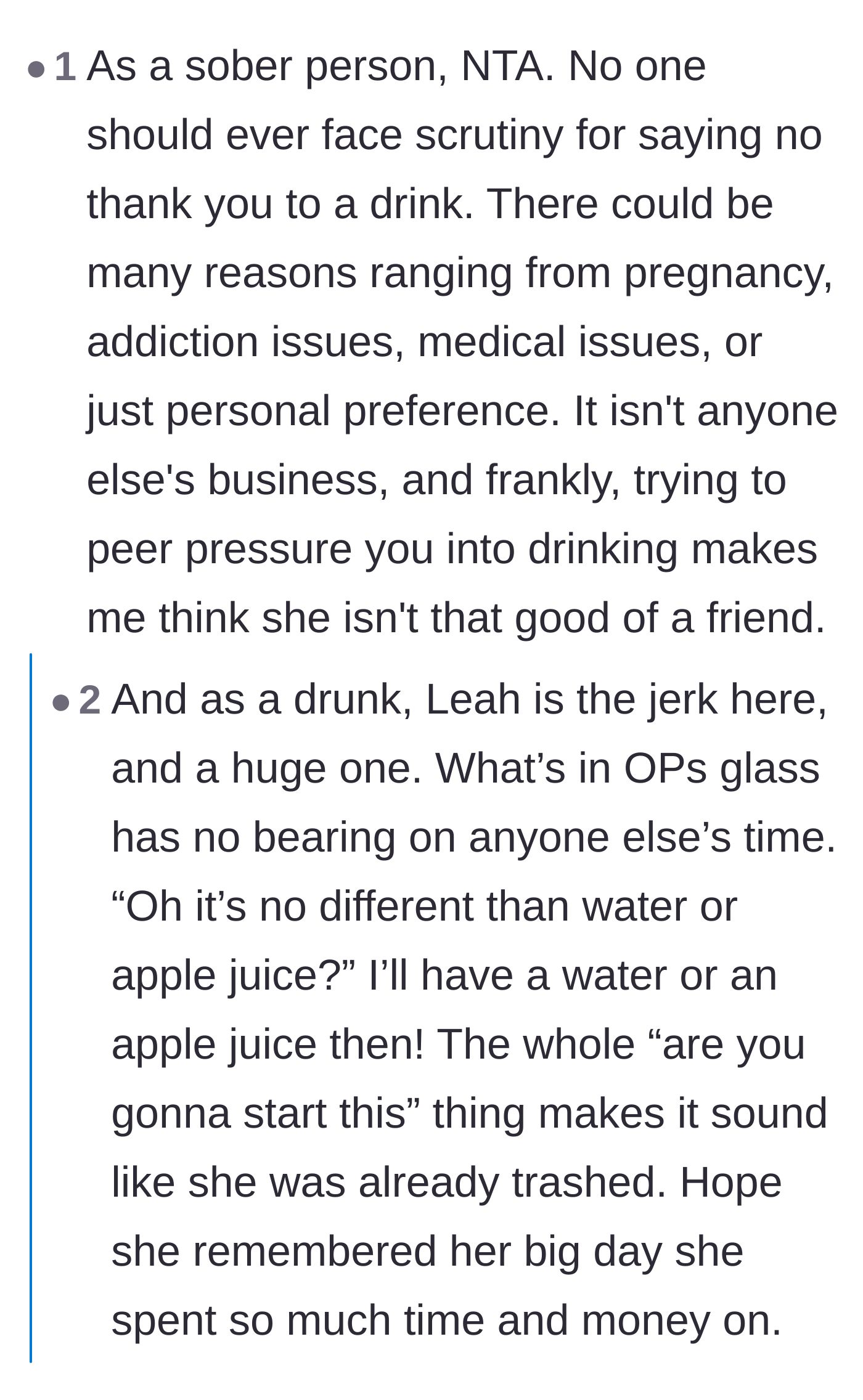 Comment thread 5 - Both sober people and frequent drinkers uniting to call out the bride's unacceptable bullying and lack of boundaries.