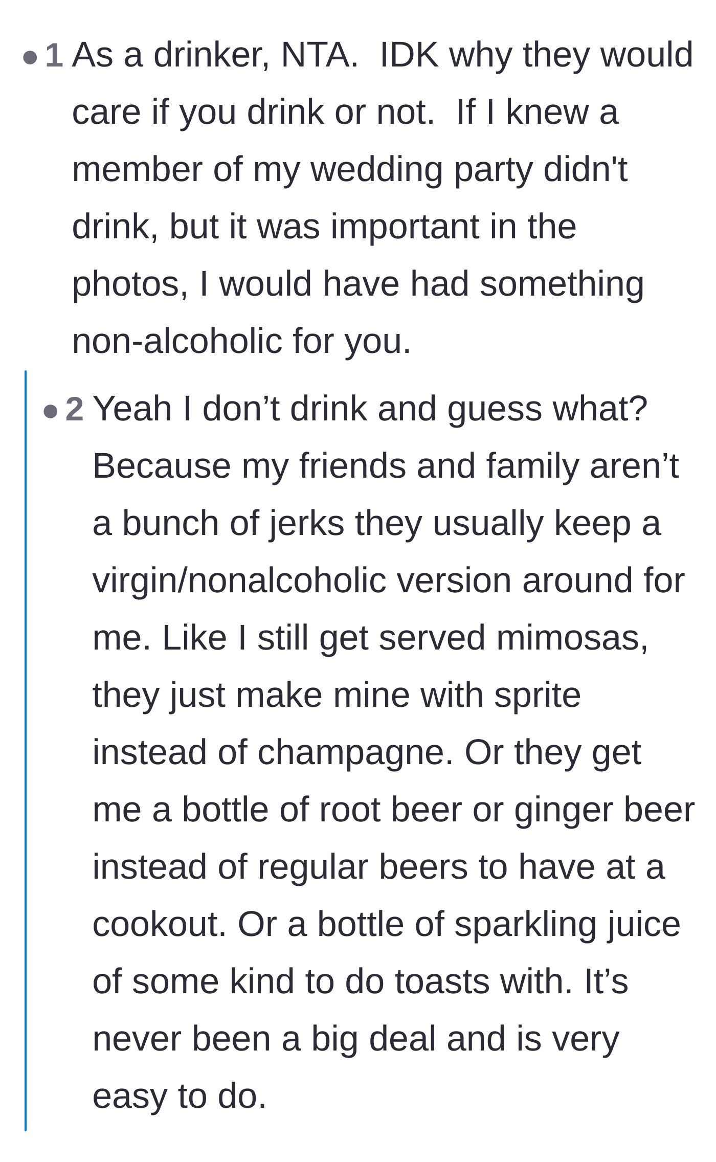 Comment thread 6 - Advice on how true friends easily substitute ginger beer or sparkling juice to include sober guests in staged photo ops.