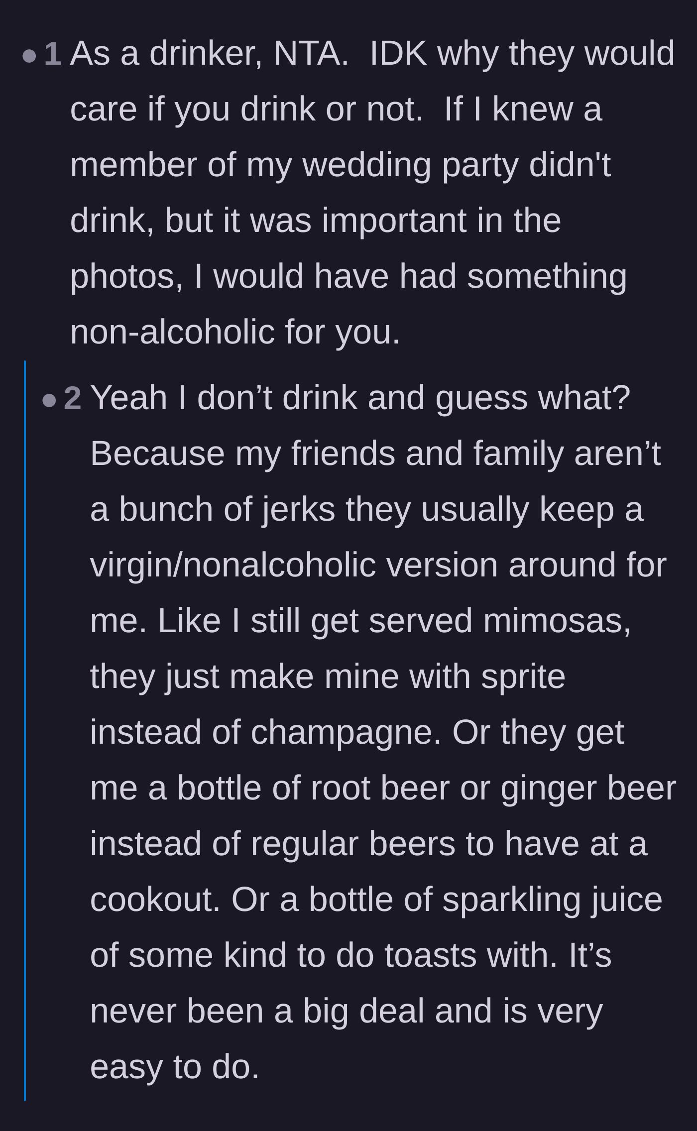Comment thread 6 - Advice on how true friends easily substitute ginger beer or sparkling juice to include sober guests in staged photo ops.