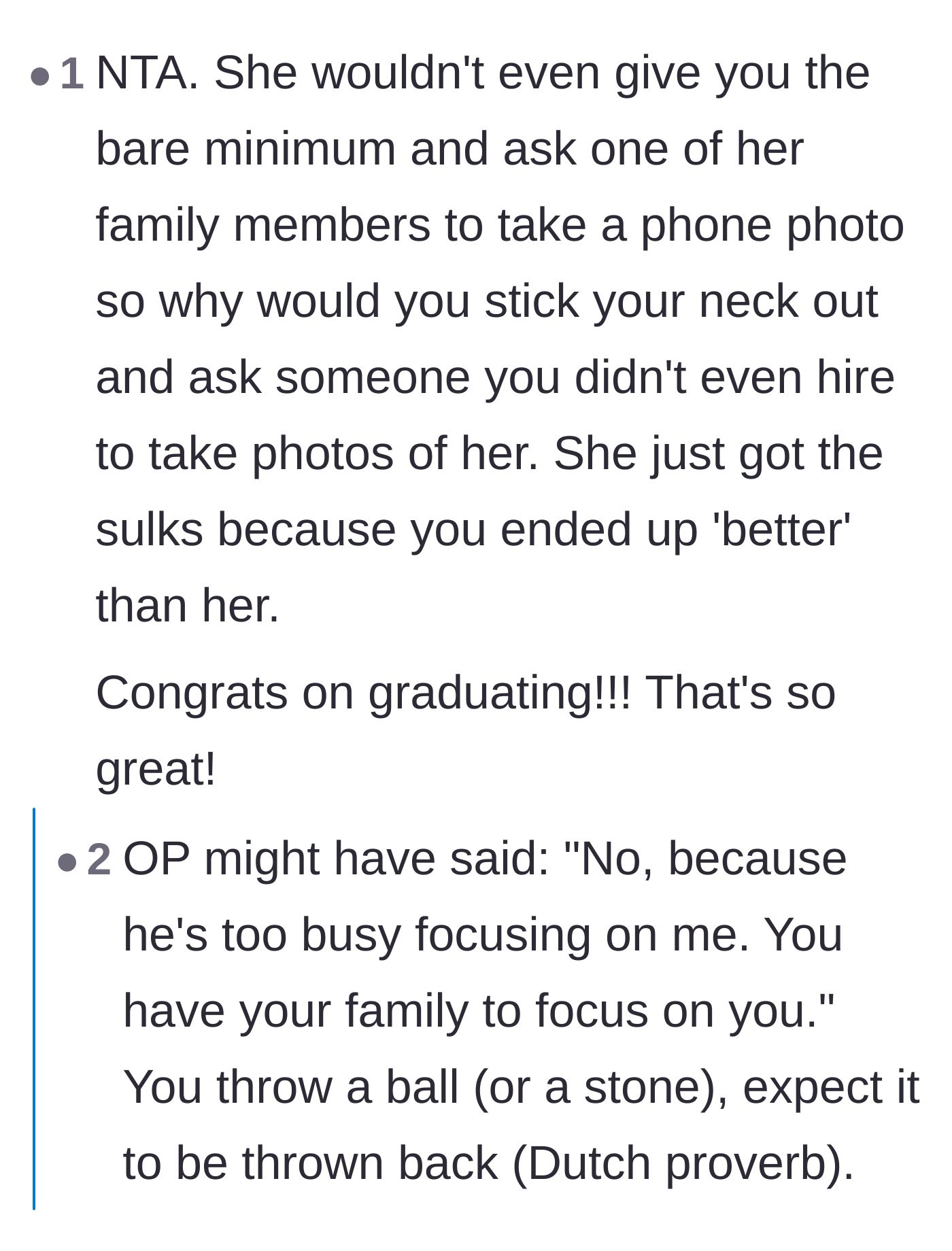 Comment thread 2 - Comparing the roommate to a classic fable and sharing how supportive parents actually behave at graduations