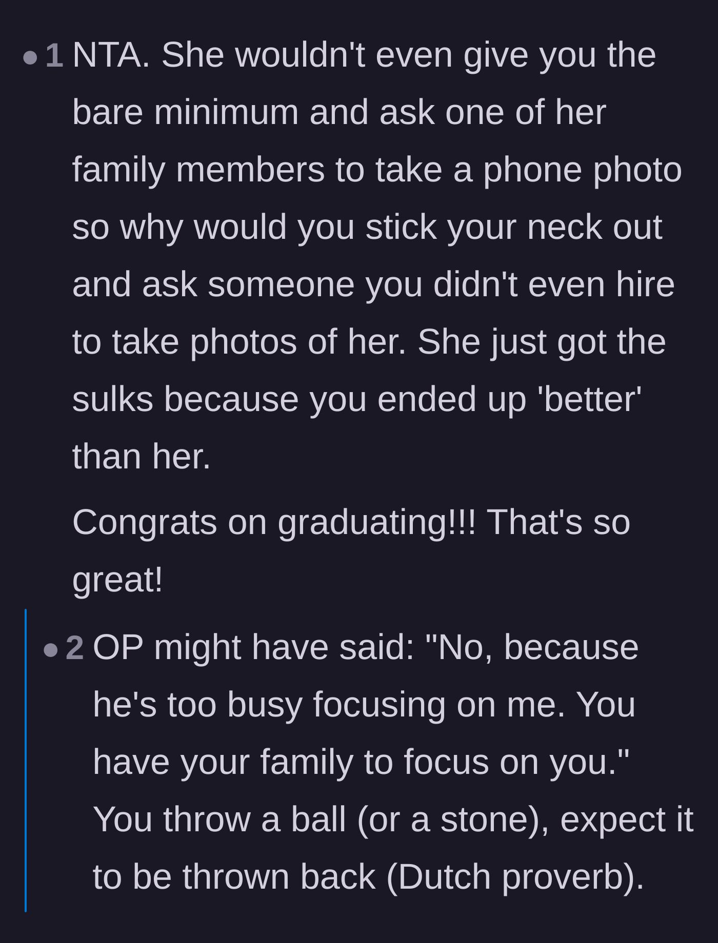 Comment thread 2 - Comparing the roommate to a classic fable and sharing how supportive parents actually behave at graduations