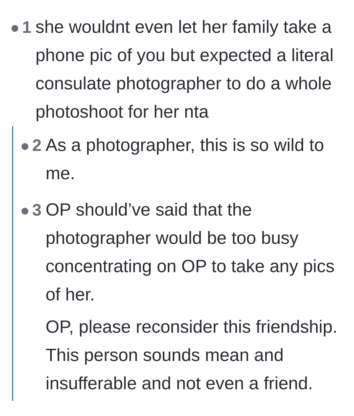 Comment thread 4 - A professional photographer weighing in on the absurdity of demanding a full shoot after refusing a phone picture
