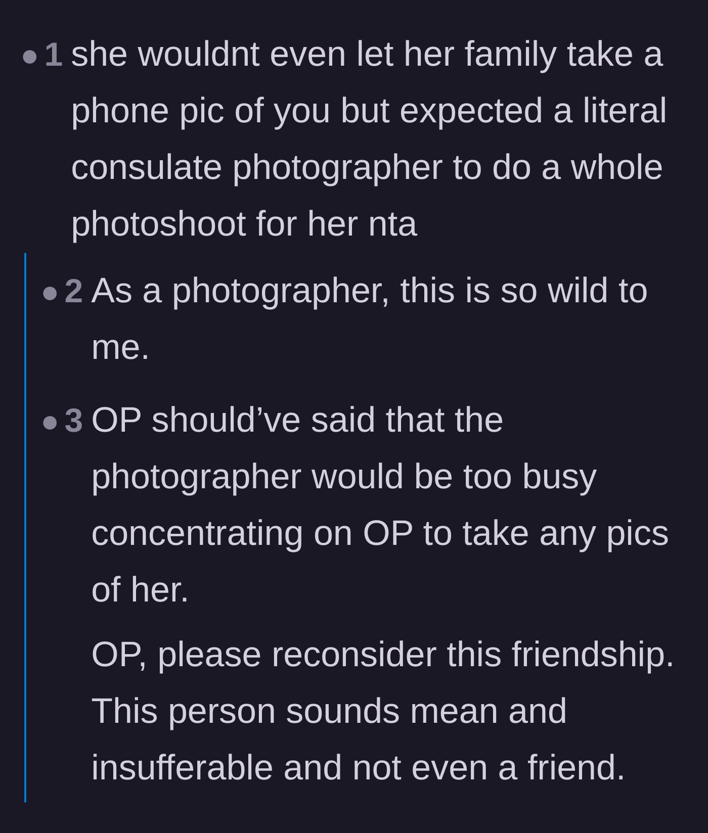 Comment thread 4 - A professional photographer weighing in on the absurdity of demanding a full shoot after refusing a phone picture