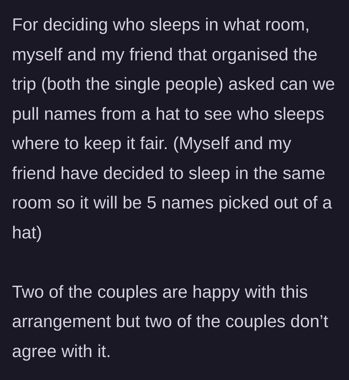 Story part 3 - The singles suggest drawing names from a hat for fair room allocation, but two of the couples push back against the idea.