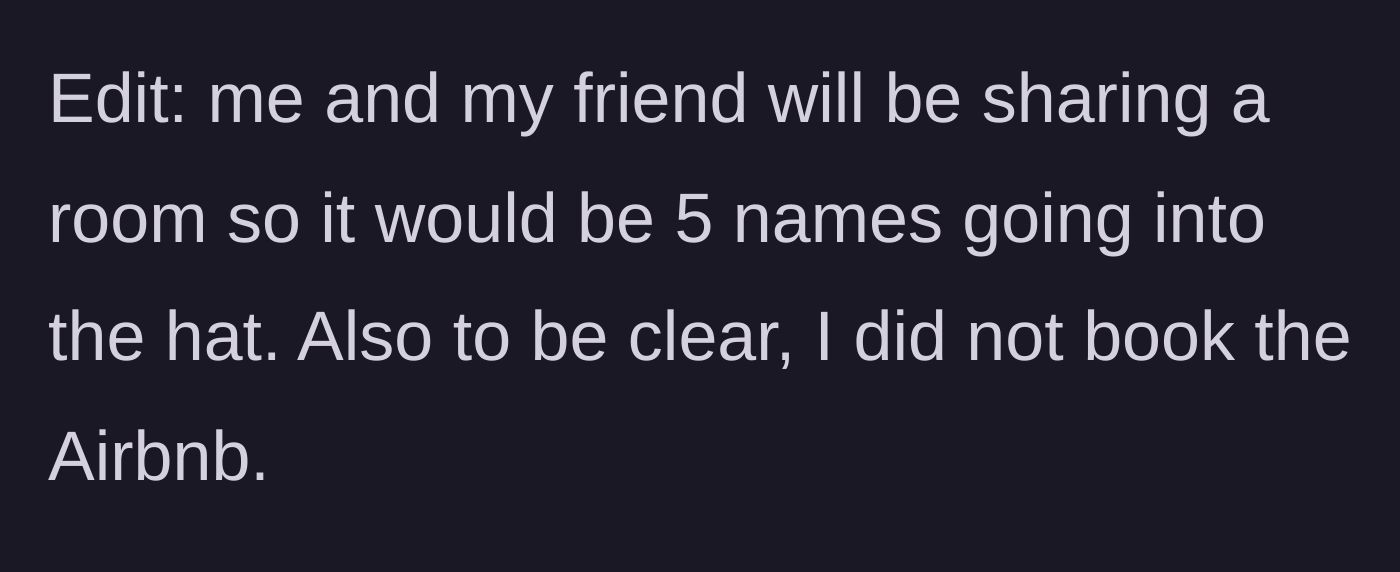 Story part 7 - The main character clarifies that she and her fellow single friend are sharing a room, reducing the draw to just five names.