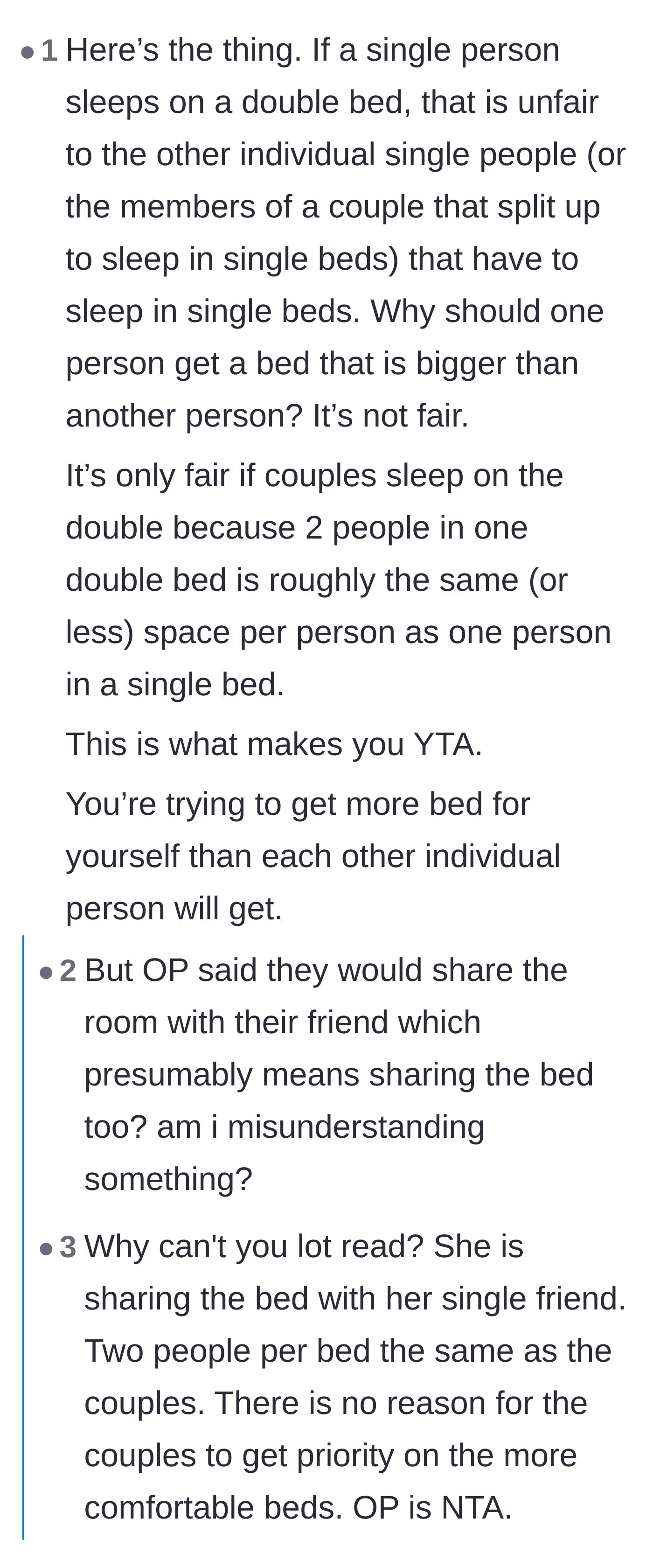 Comment thread 2 - Arguments over bed math and whether a single person asking for a double bed is hoarding space.