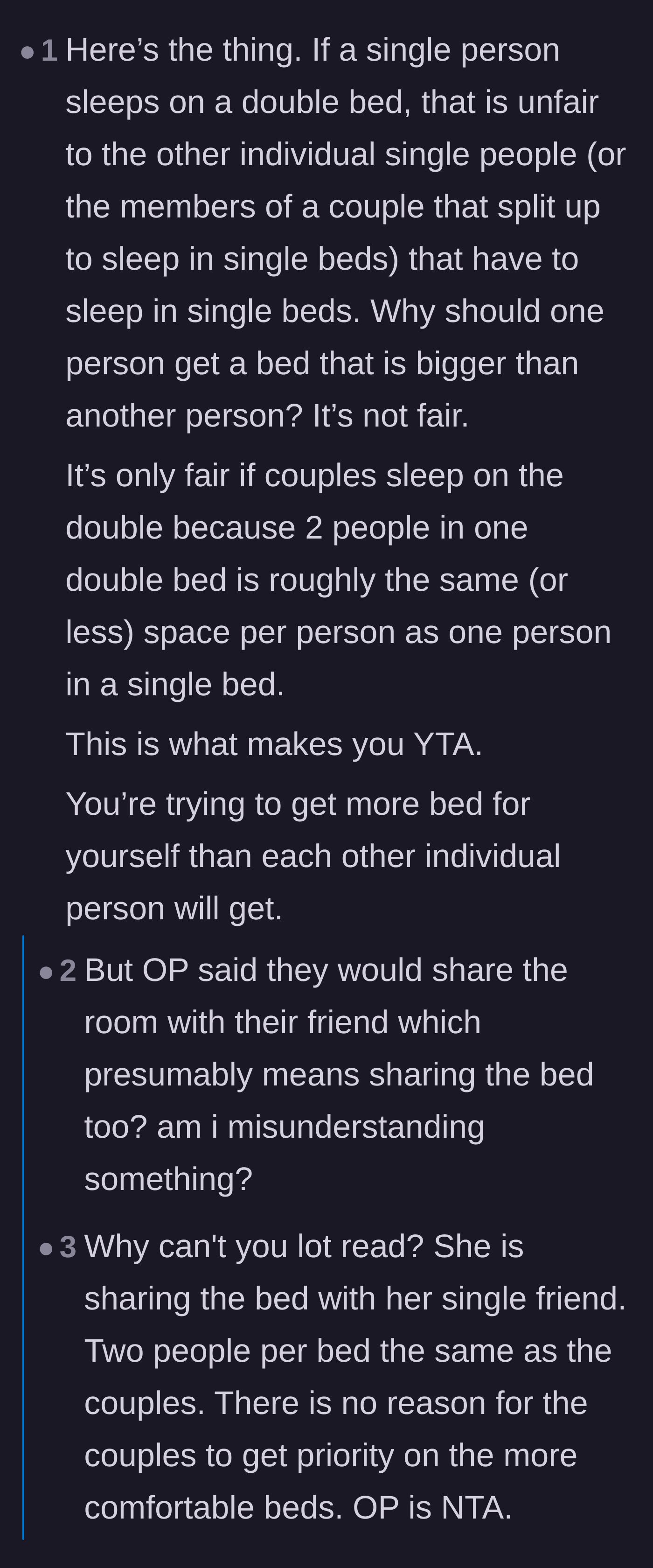 Comment thread 2 - Arguments over bed math and whether a single person asking for a double bed is hoarding space.