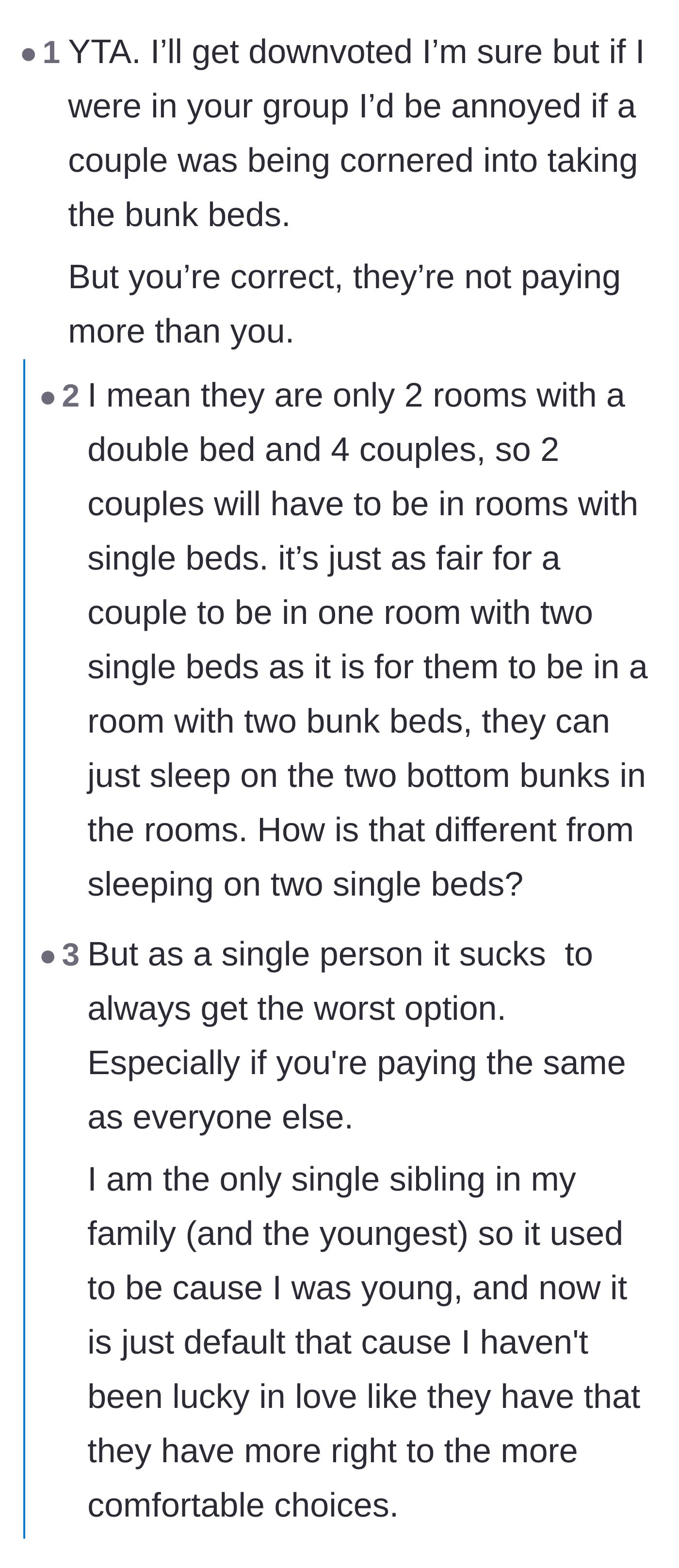 Comment thread 3 - Discussion about the perpetual 'single tax' where uncoupled friends are consistently pushed onto bad mattresses.