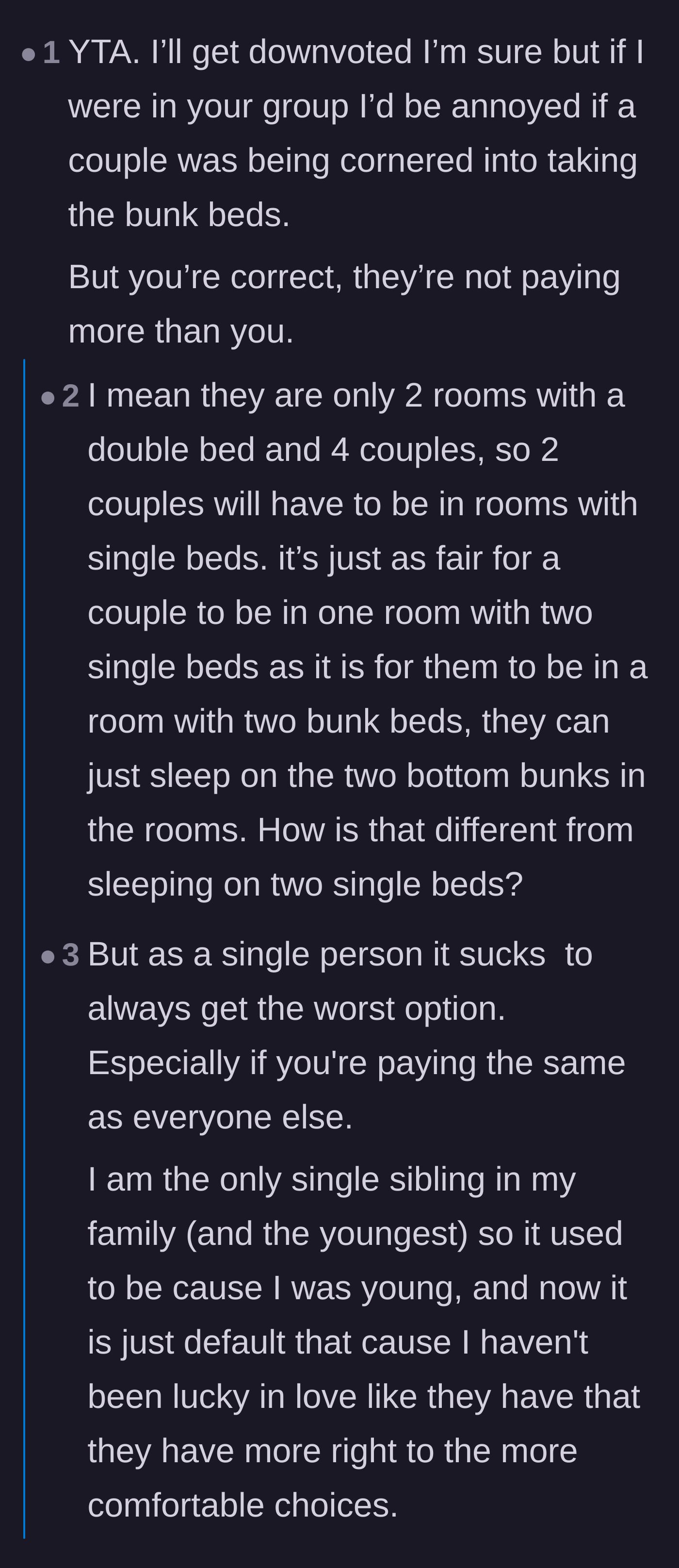 Comment thread 3 - Discussion about the perpetual 'single tax' where uncoupled friends are consistently pushed onto bad mattresses.