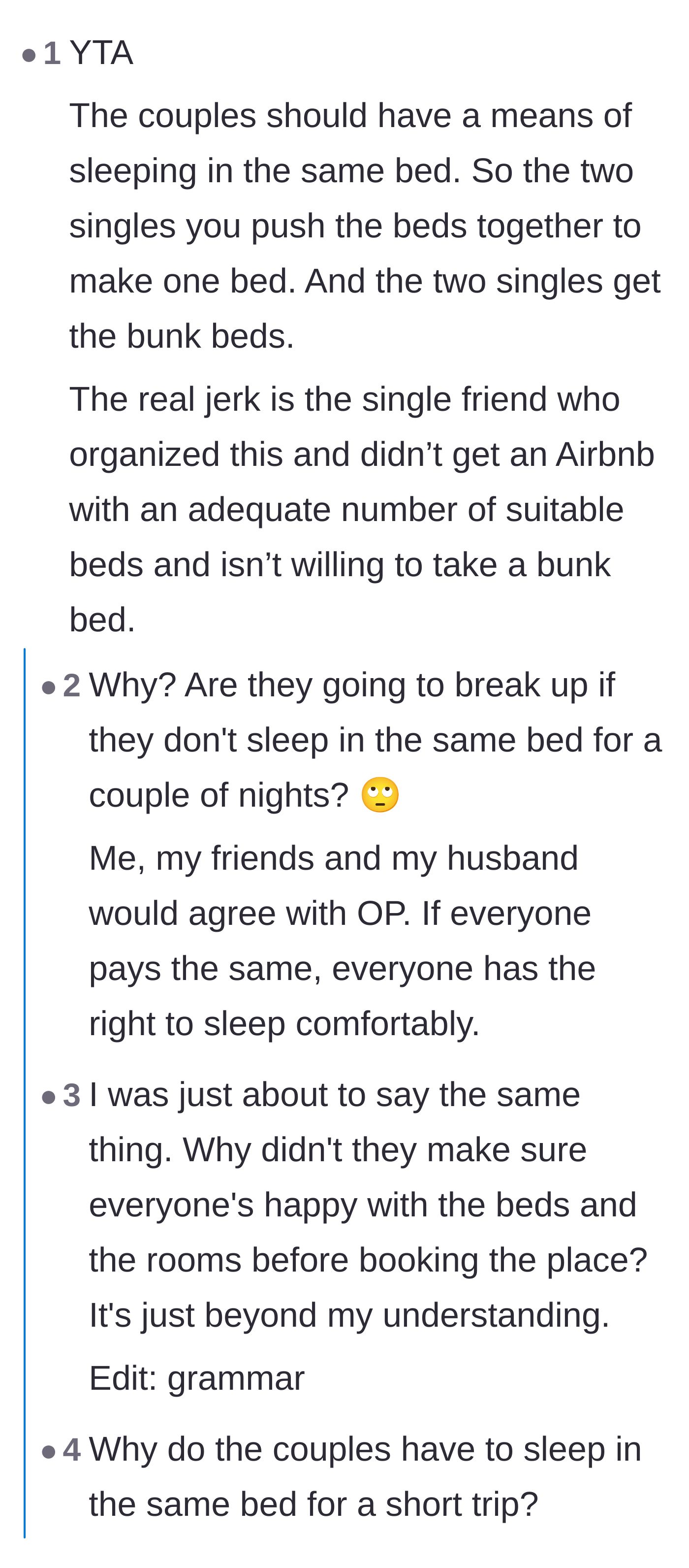 Comment thread 4 - Disagreement over whether couples absolutely must sleep in the exact same bed for a two-night trip.